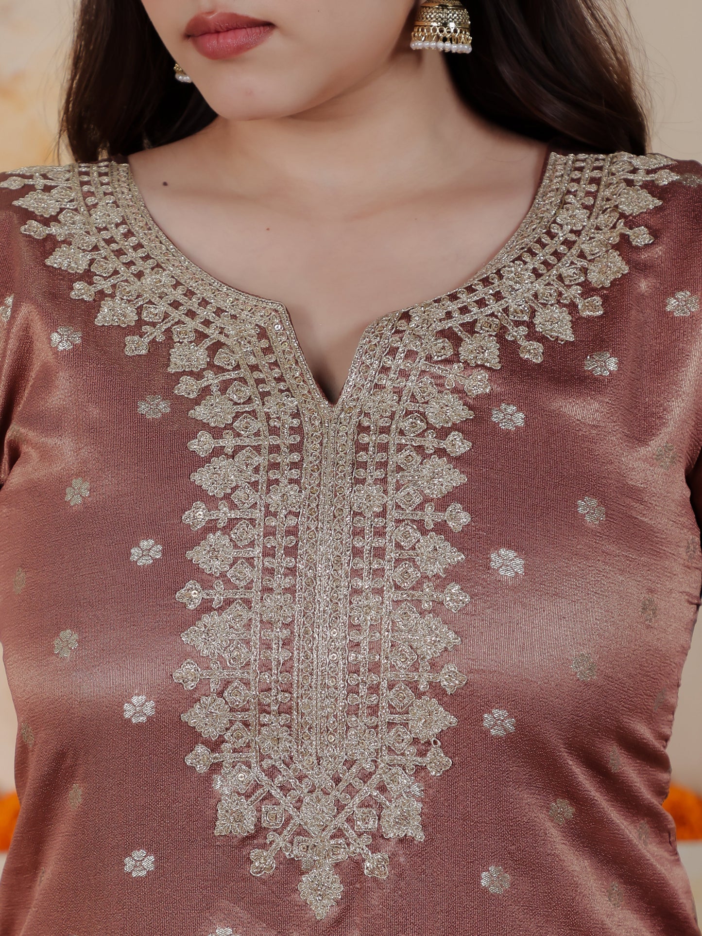 Zari Rose Gold Viscose Jacquard Straight Kurta