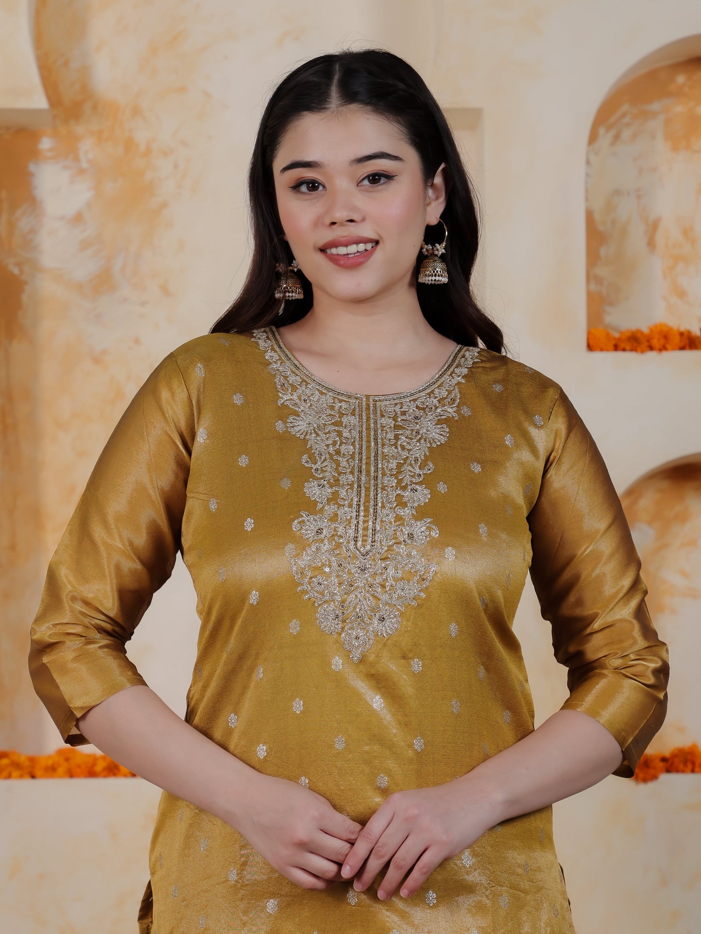 Zari Mustard Viscose Jacquard Straight Kurta