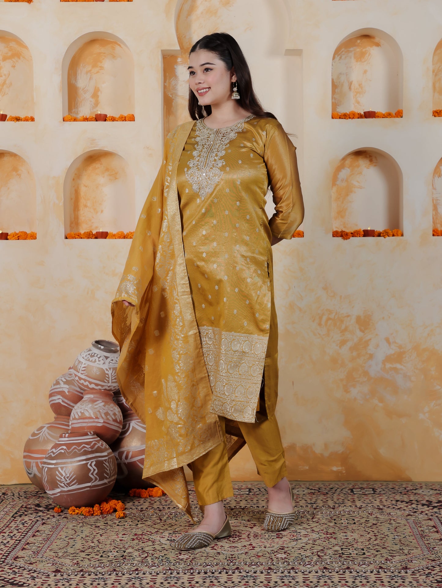 Zari Mustard Viscose Jacquard Straight Kurta