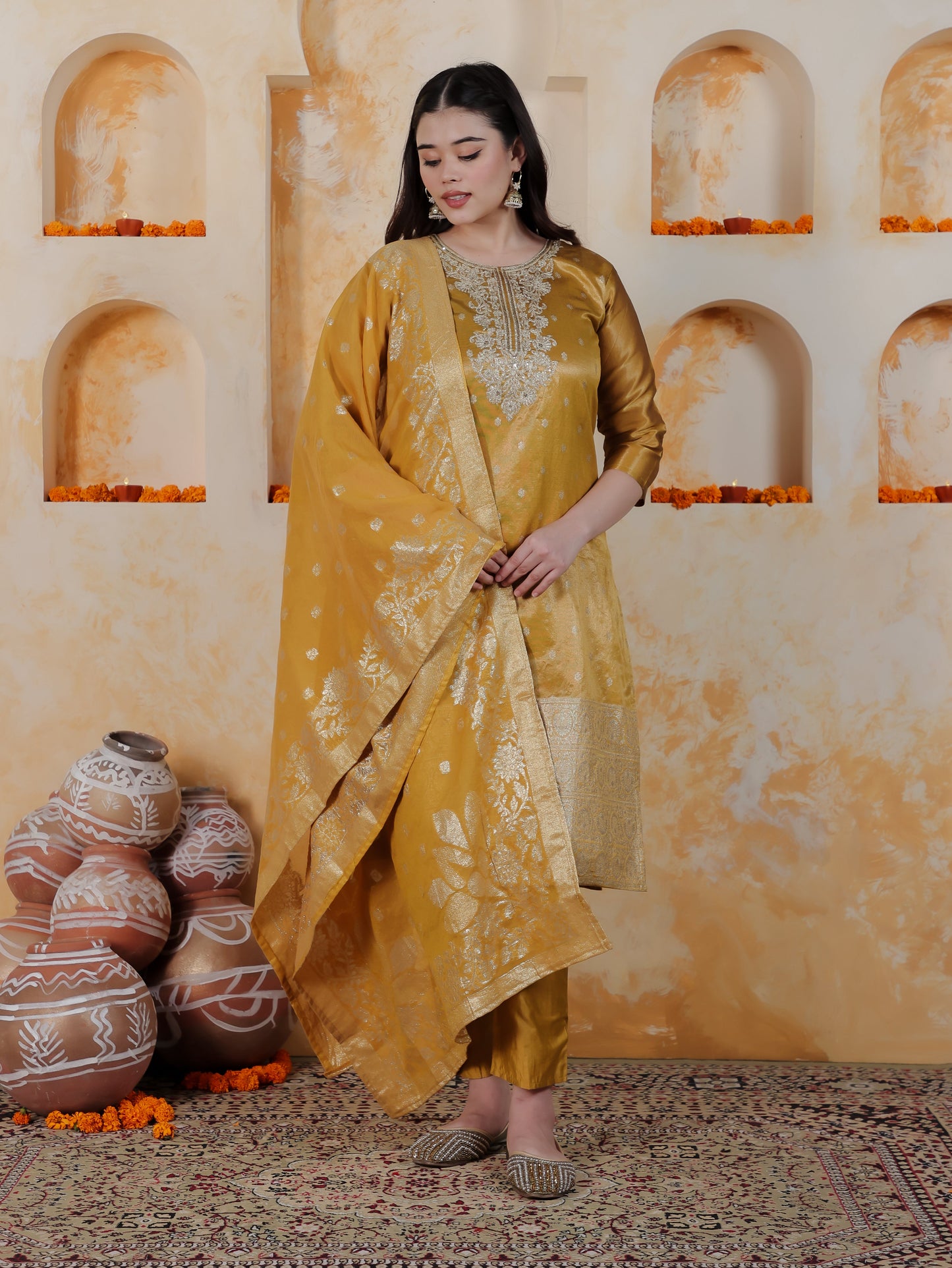 Zari Mustard Viscose Jacquard Straight Kurta