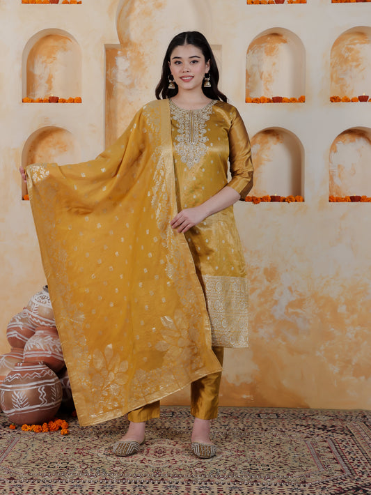 Zari Mustard Viscose Jacquard Straight Kurta