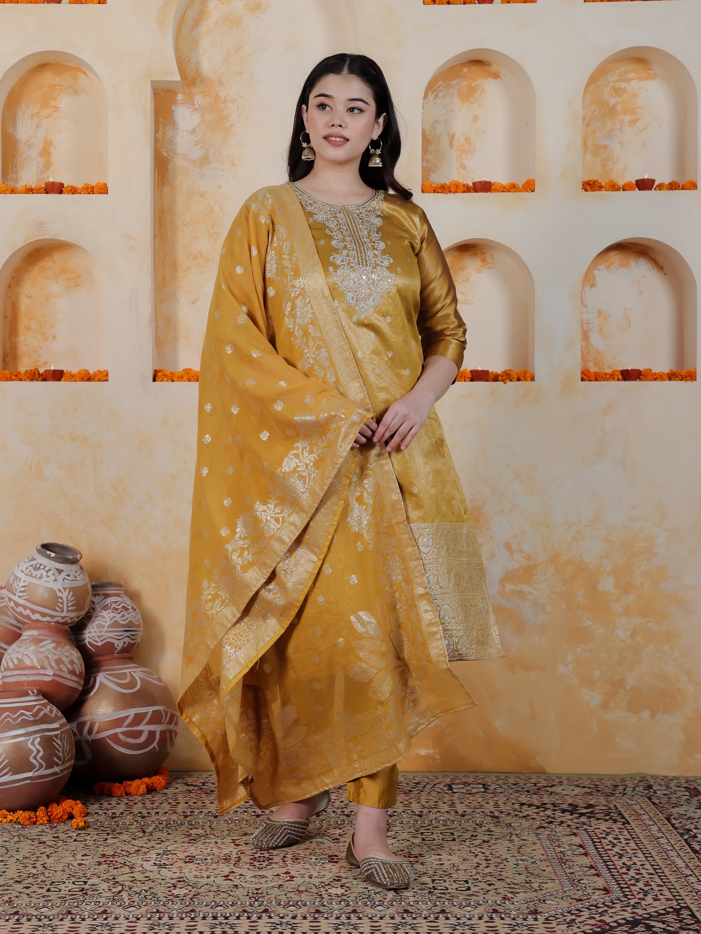 Zari Mustard Viscose Jacquard Straight Kurta