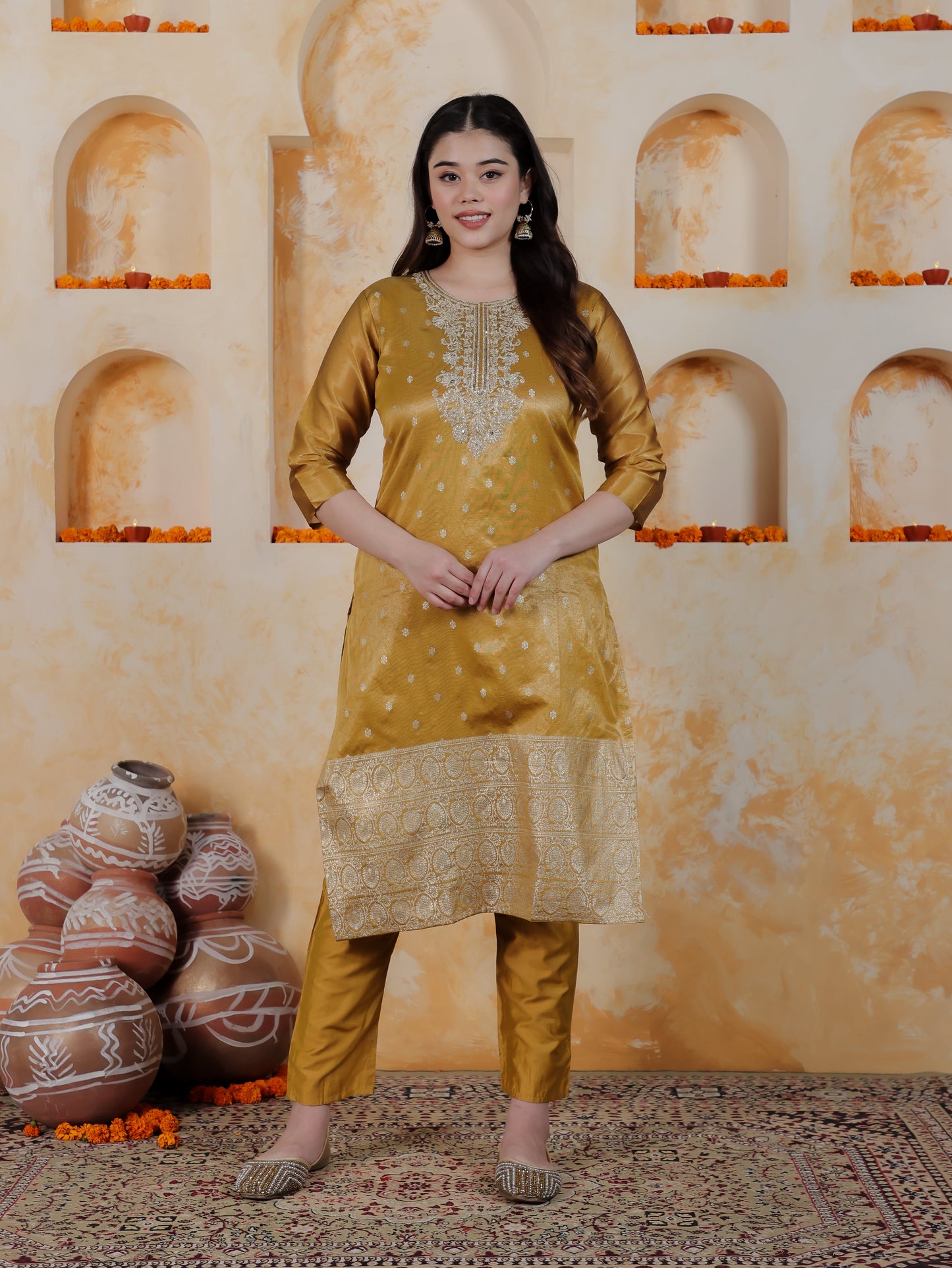 Zari Mustard Viscose Jacquard Straight Kurta
