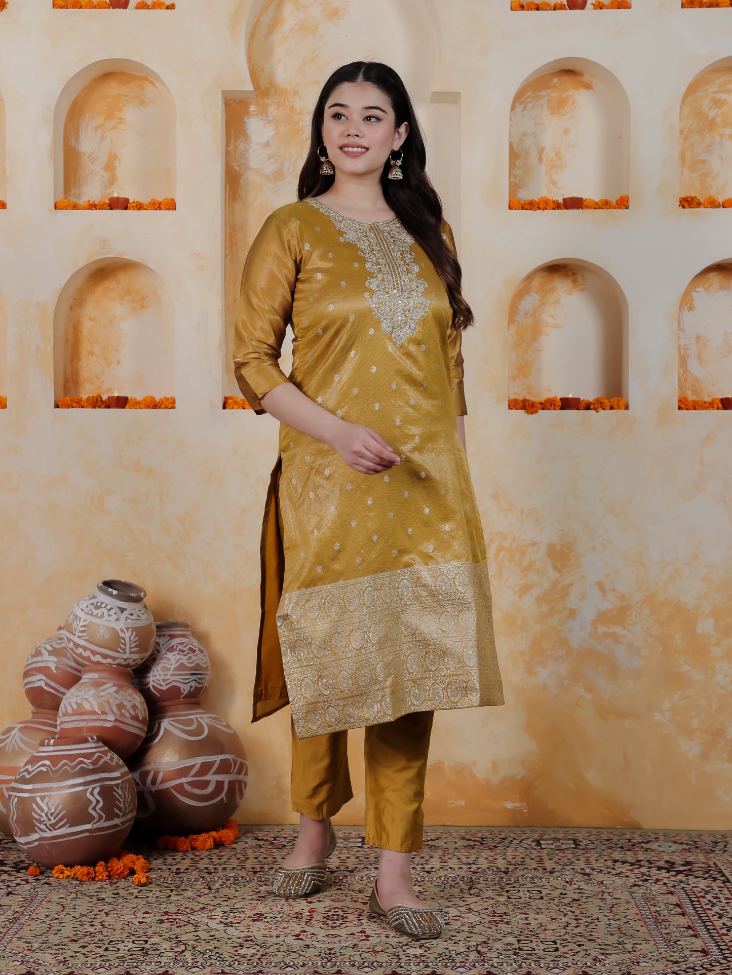 Zari Mustard Viscose Jacquard Straight Kurta