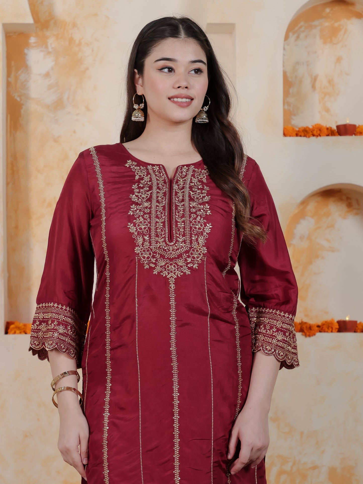Zari Maroon Solid Roman silk A-line Kurta