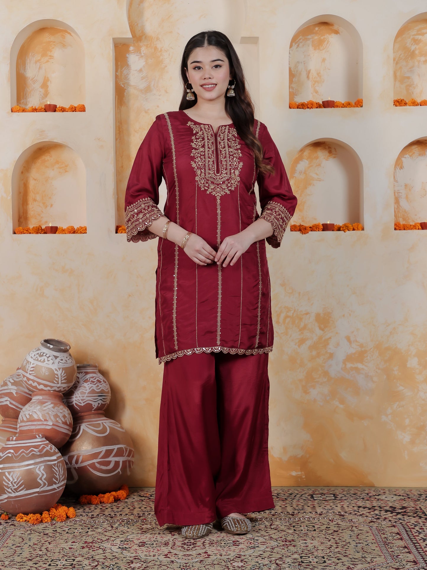 Zari Maroon Solid Roman silk A-line Kurta