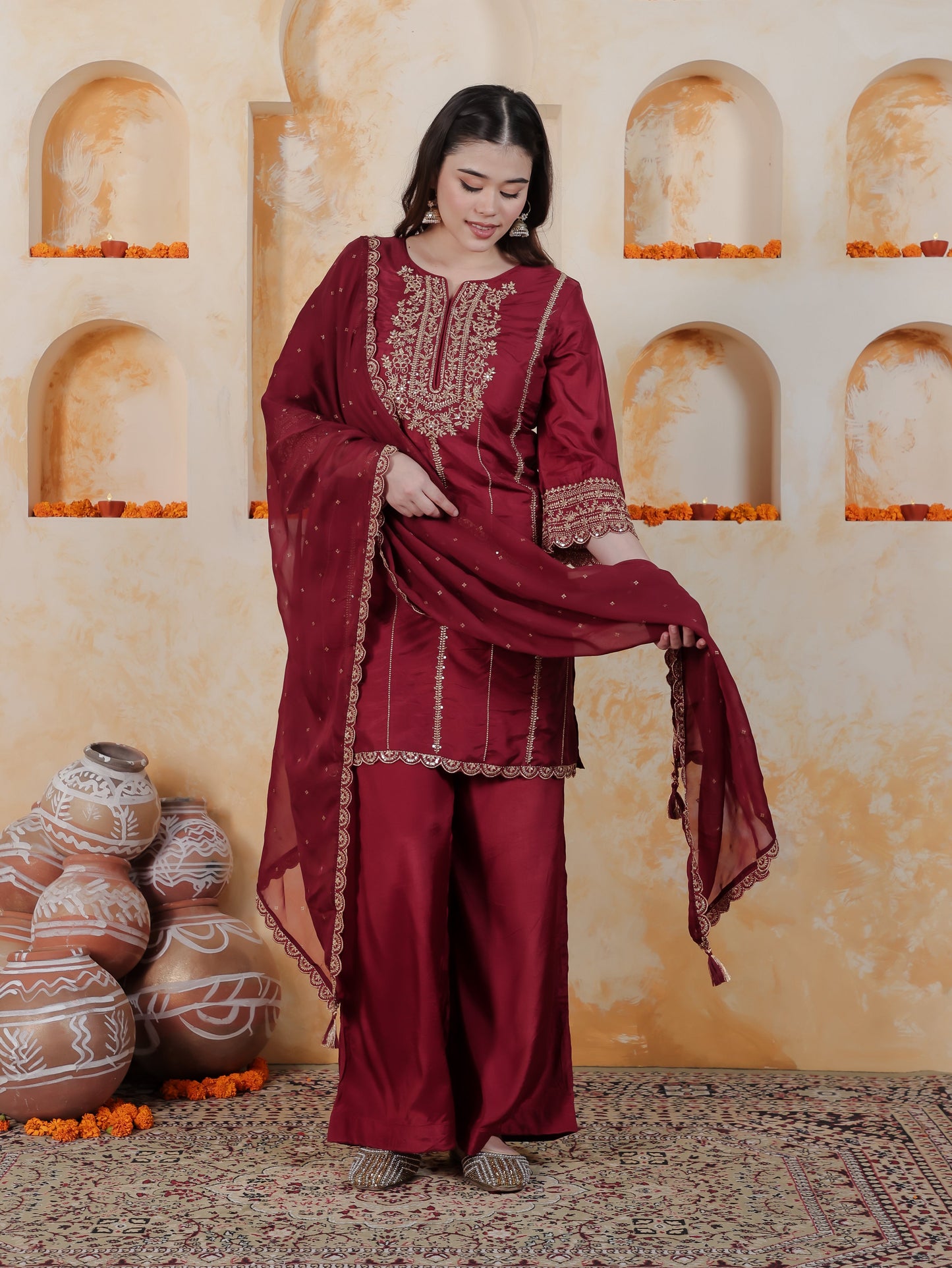 Zari Maroon Solid Roman silk A-line Kurta