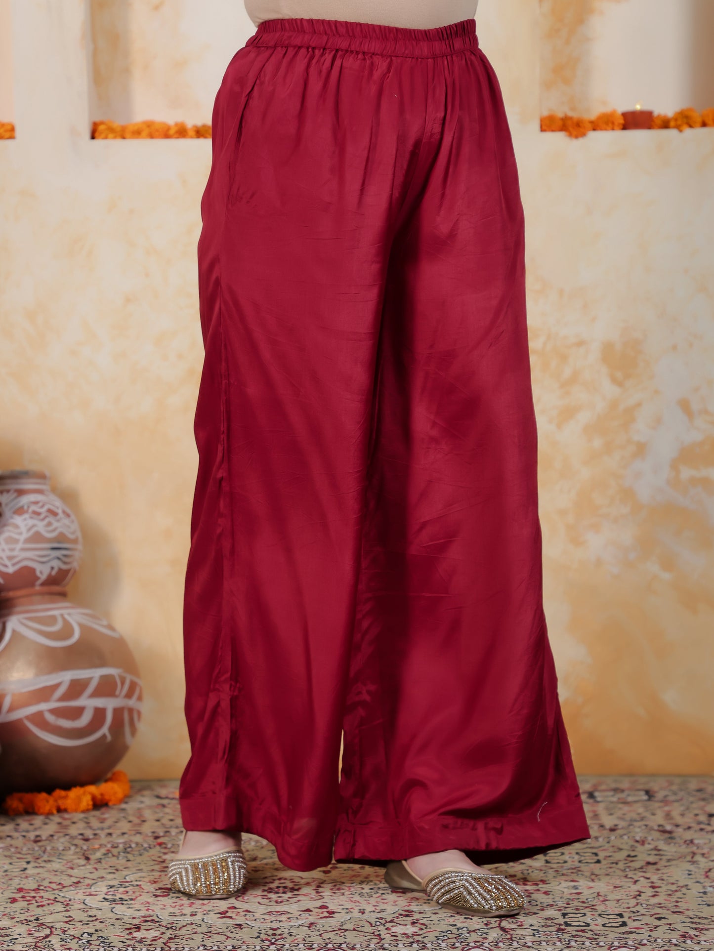 Zari Maroon Solid Roman silk A-line Kurta