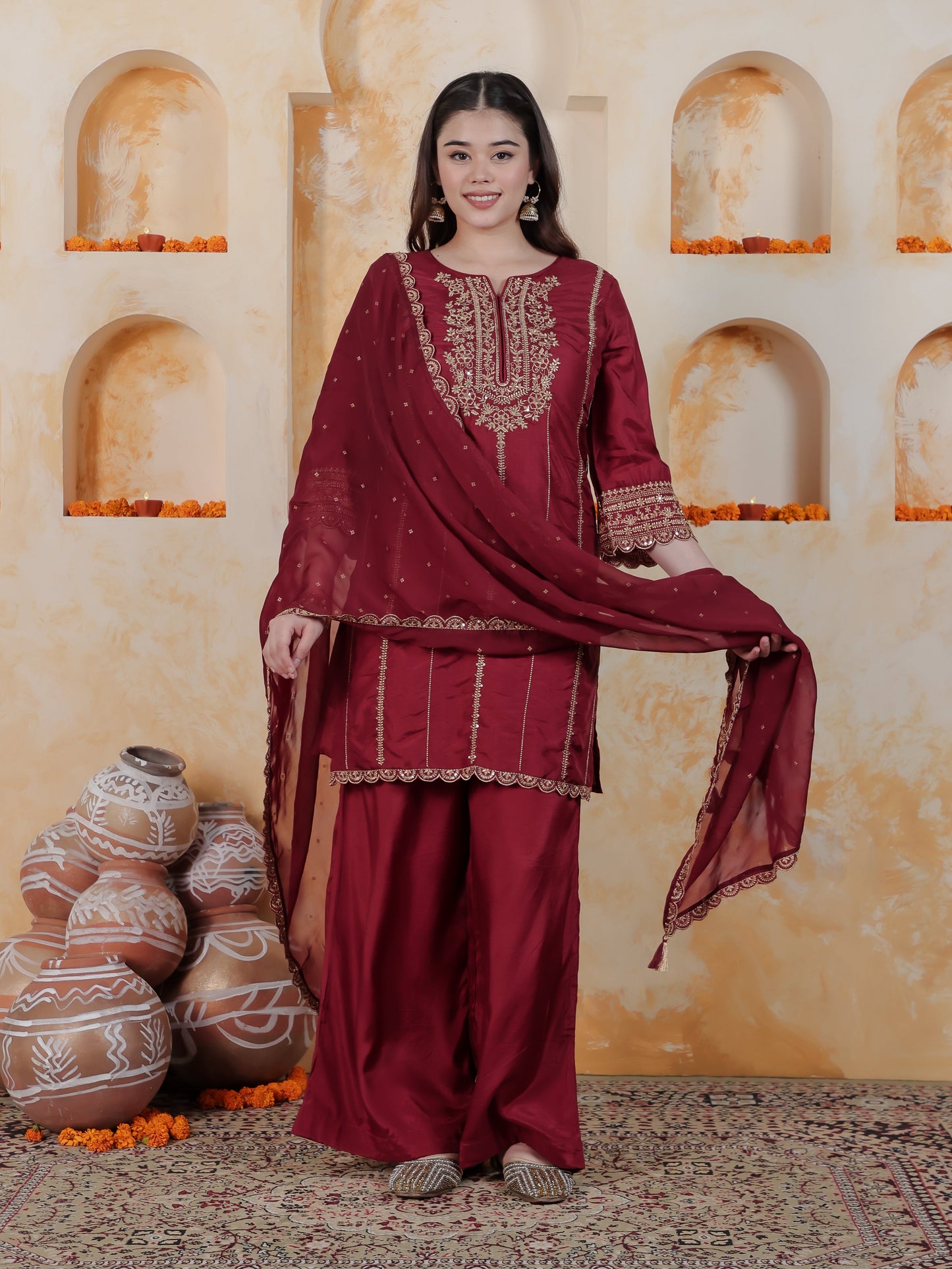 Zari Maroon Solid Roman silk A-line Kurta