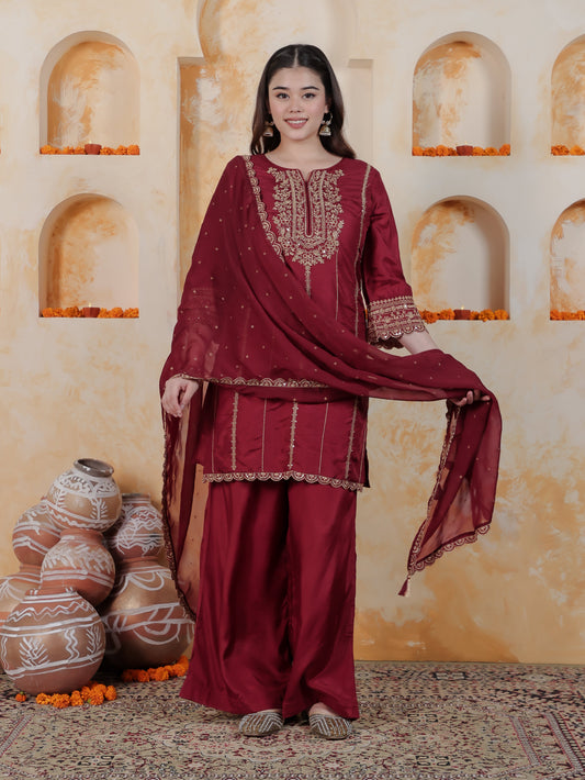 Zari Maroon Solid Roman silk A-line Kurta