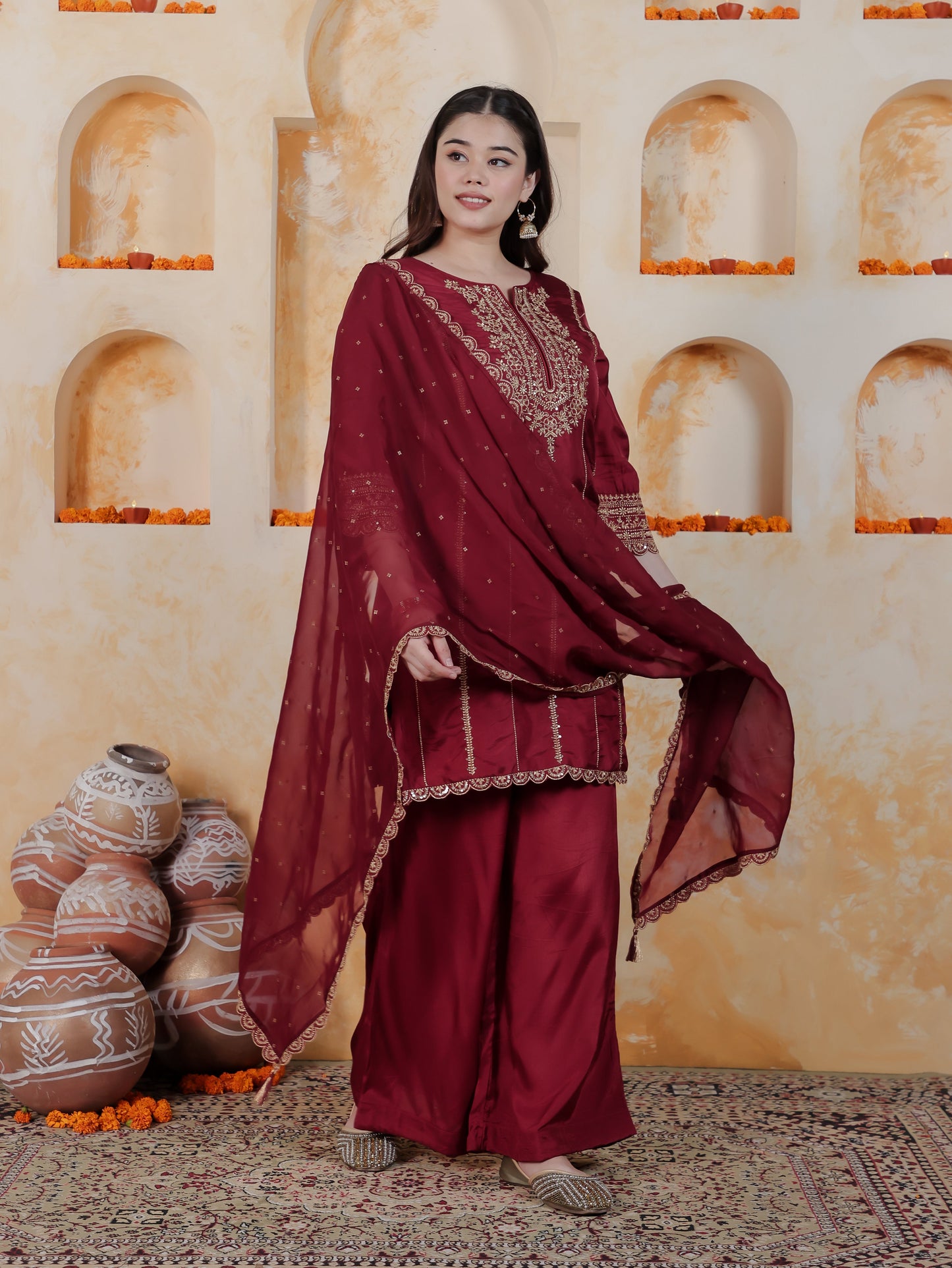 Zari Maroon Solid Roman silk A-line Kurta