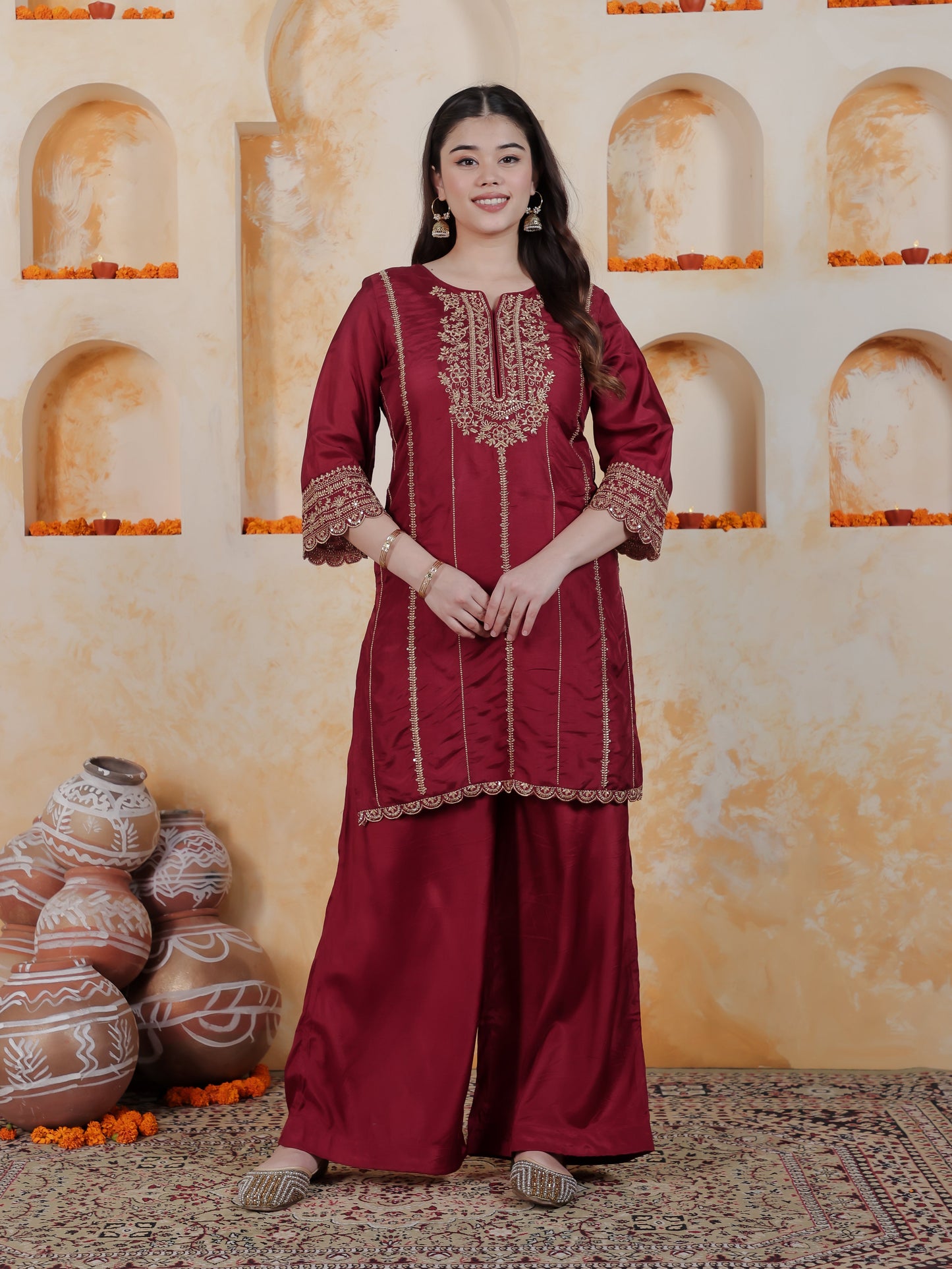 Zari Maroon Solid Roman silk A-line Kurta