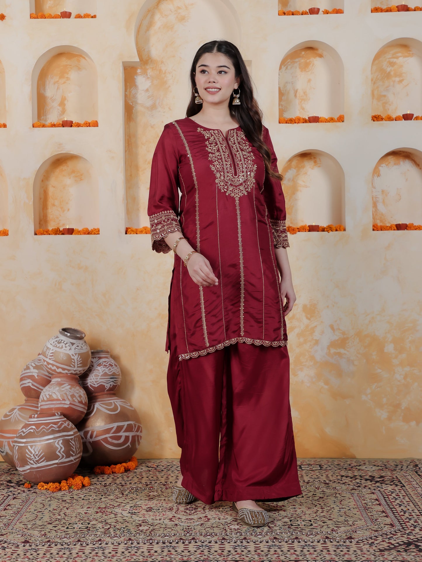 Zari Maroon Solid Roman silk A-line Kurta