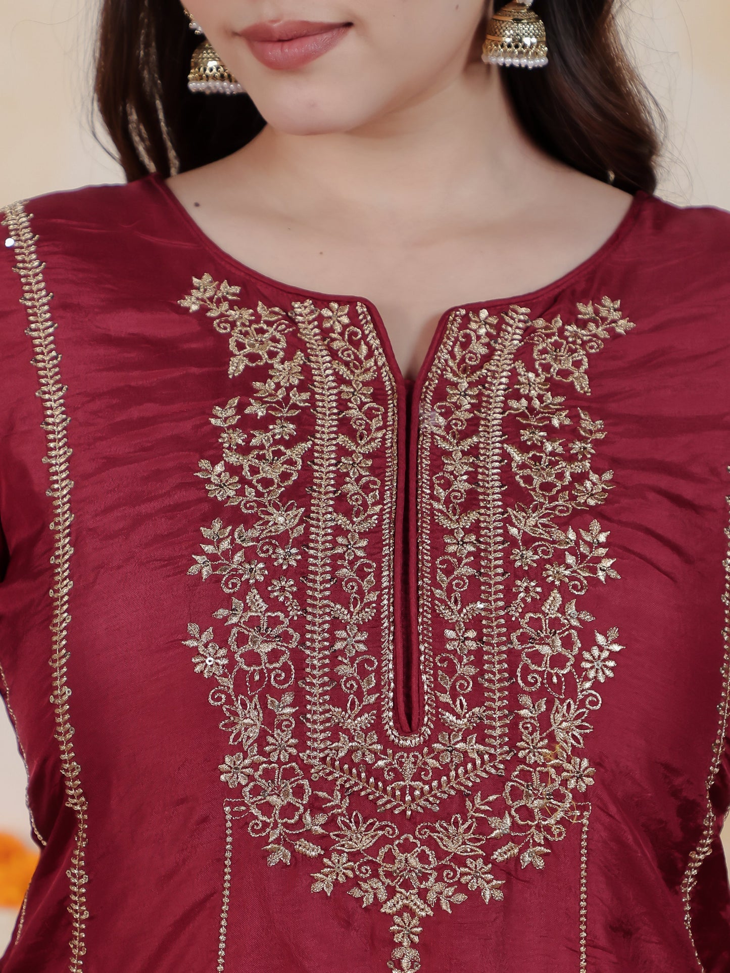 Zari Maroon Solid Roman silk A-line Kurta