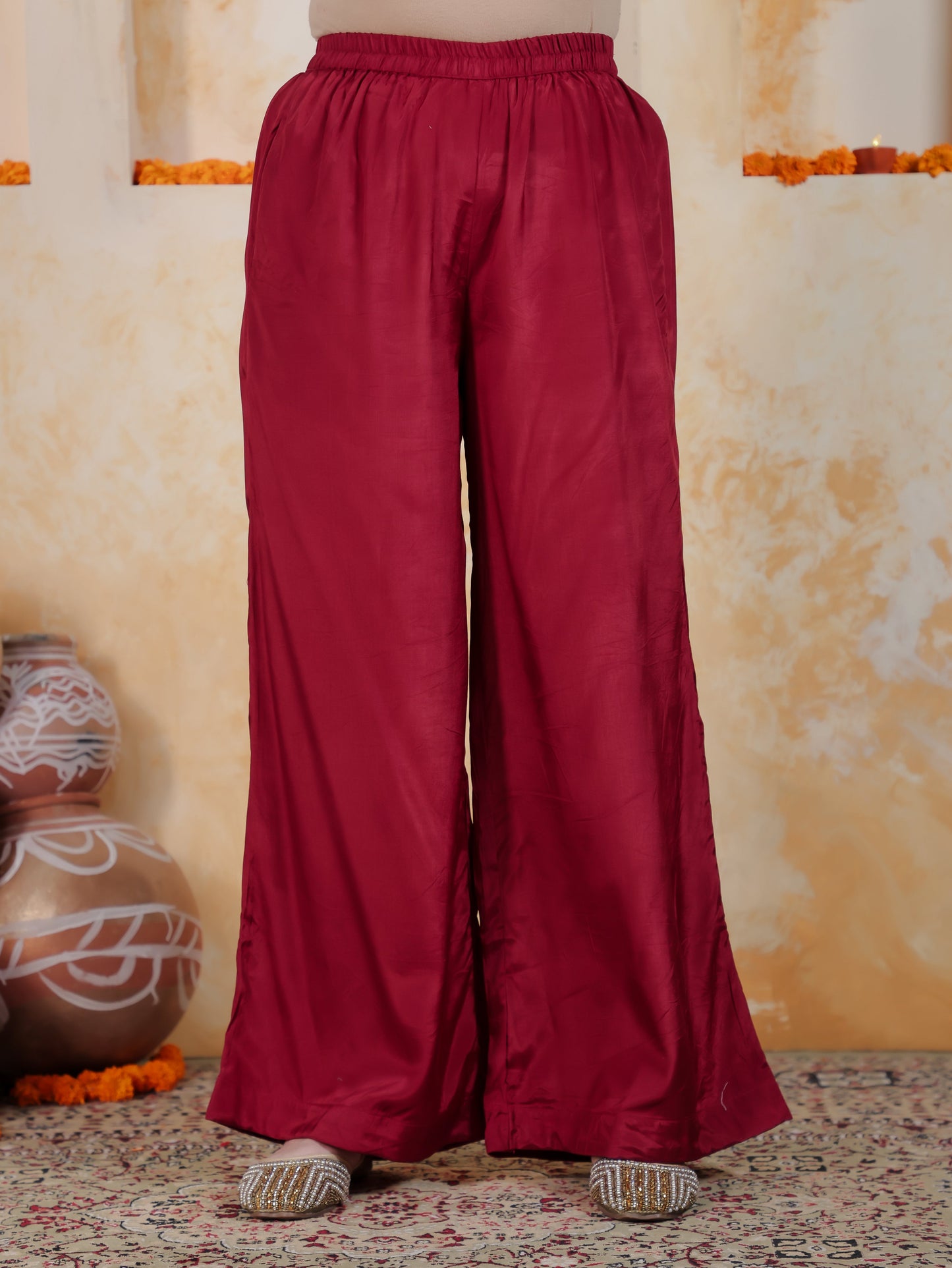 Zari Maroon Solid Roman silk A-line Kurta
