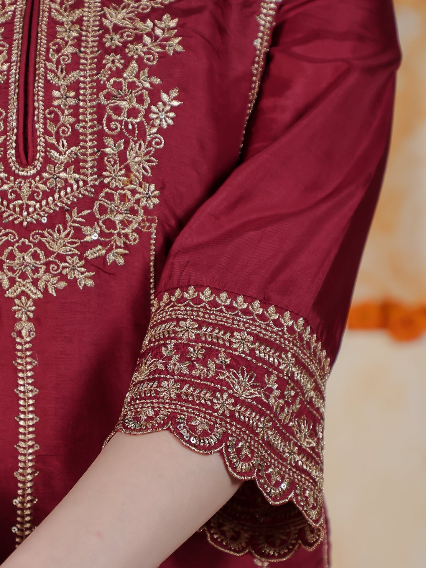 Zari Maroon Solid Roman silk A-line Kurta