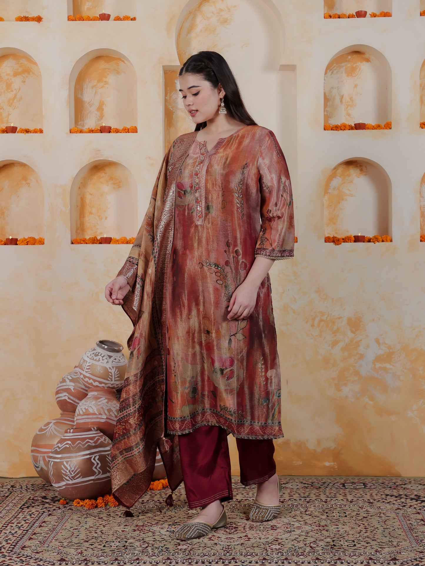 Embroidered Multi Coloured Digital Organza Straight Kurta