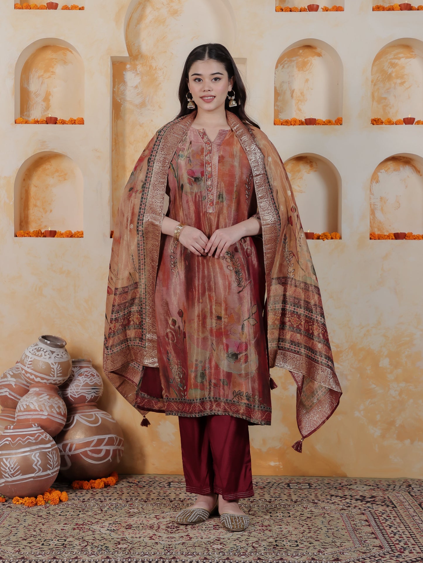 Embroidered Multi Coloured Digital Organza Straight Kurta