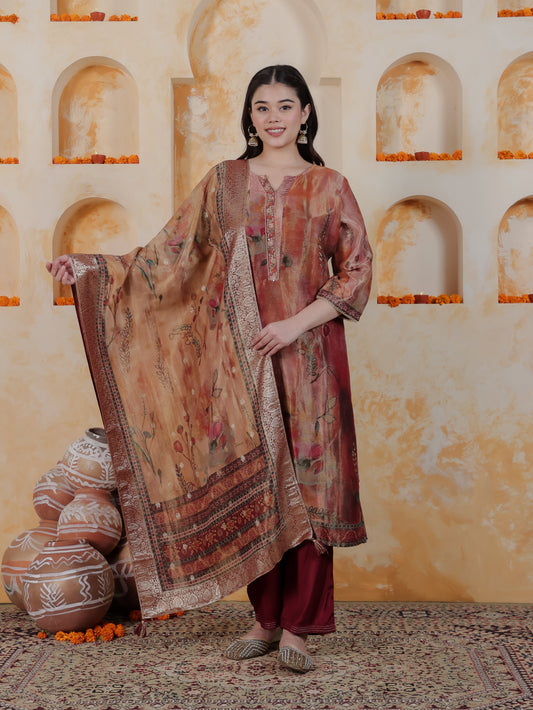 Embroidered Multi Coloured Digital Organza Straight Kurta