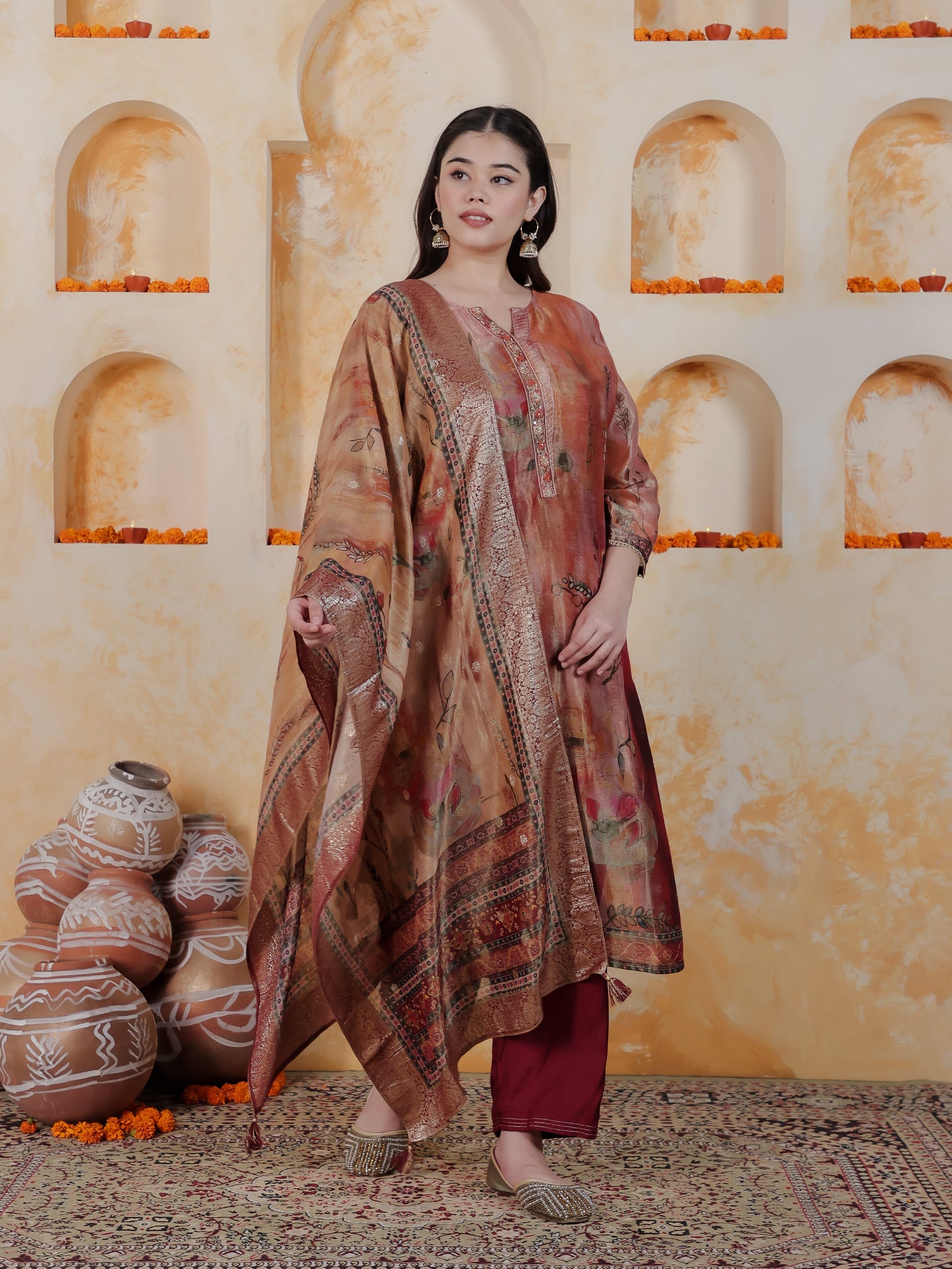 Embroidered Multi Coloured Digital Organza Straight Kurta