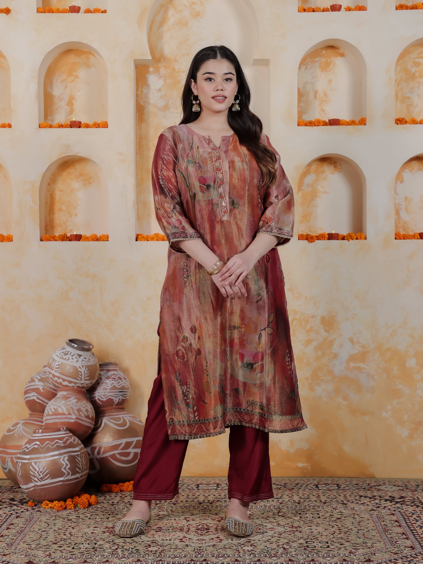 Embroidered Multi Coloured Digital Organza Straight Kurta