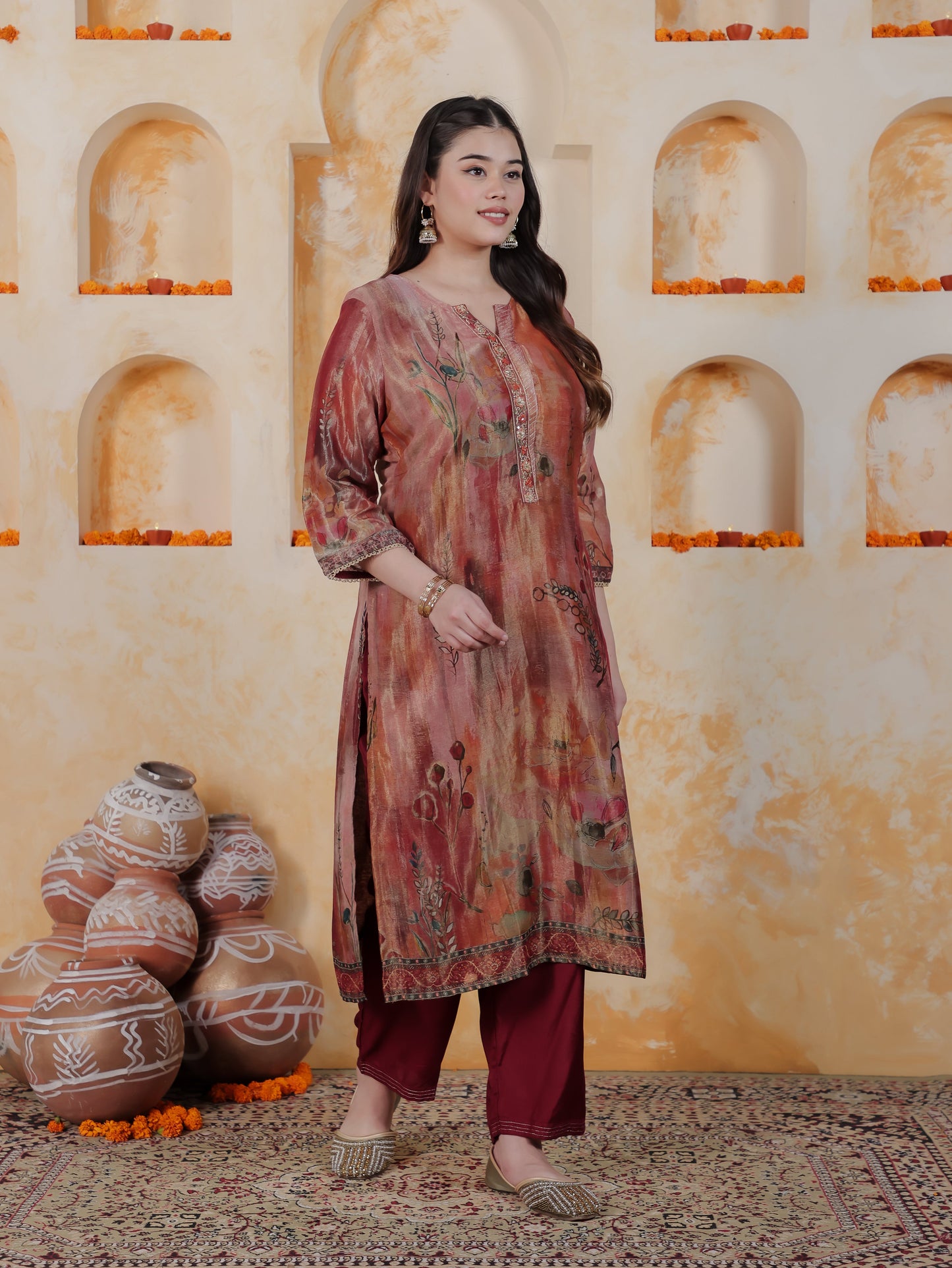 Embroidered Multi Coloured Digital Organza Straight Kurta