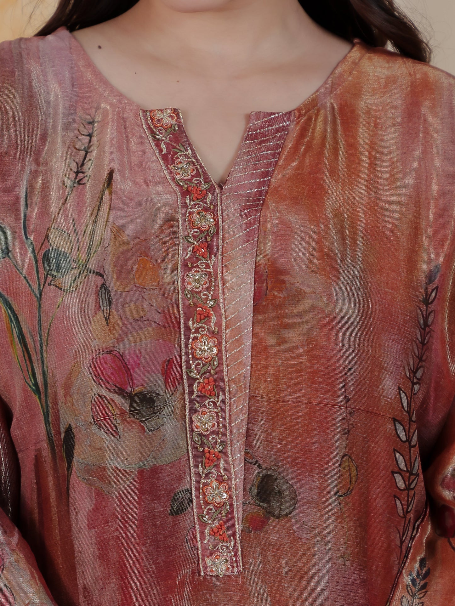 Embroidered Multi Coloured Digital Organza Straight Kurta