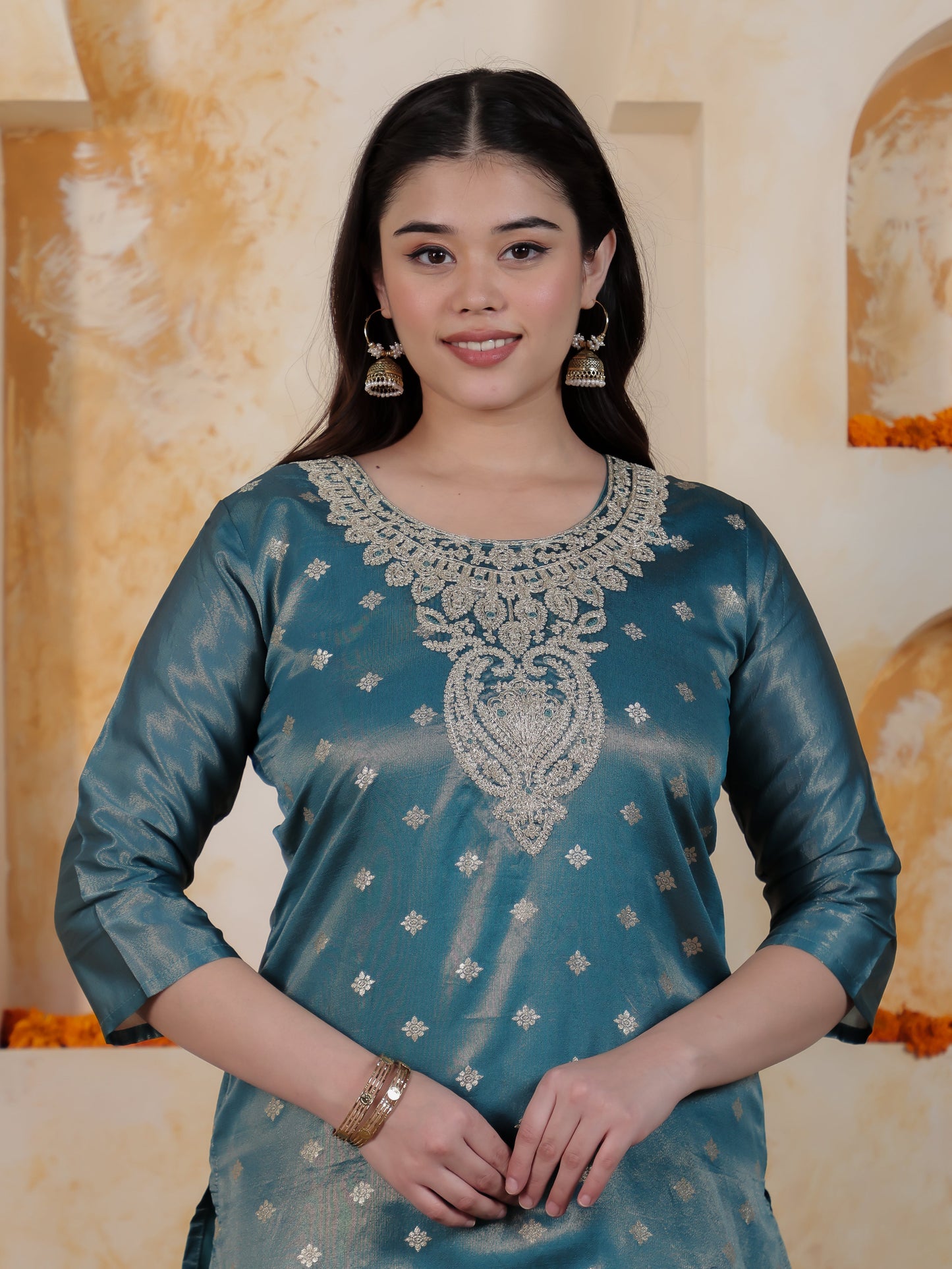 Zari Teal Viscose Jacquard Straight Kurta