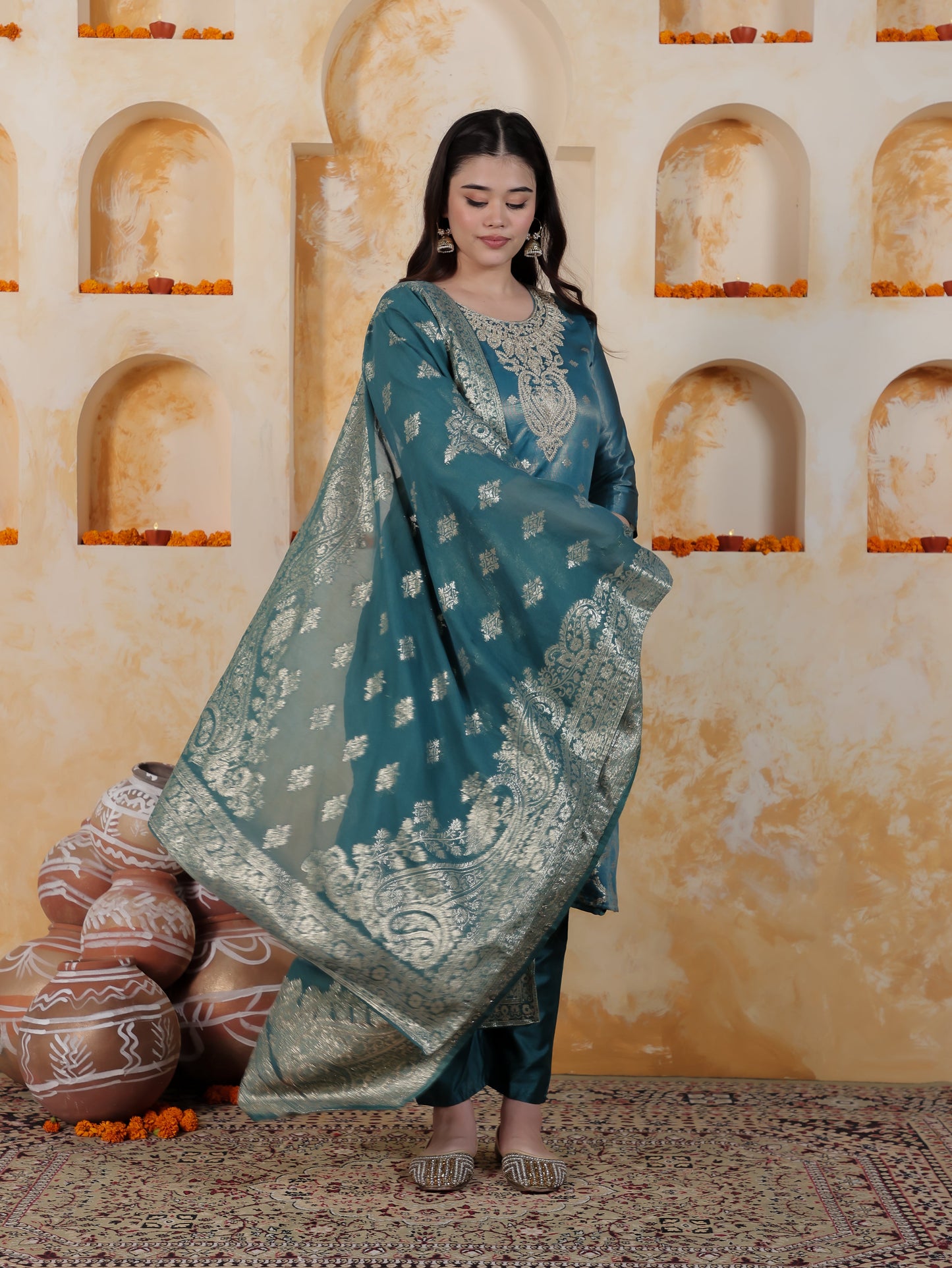 Zari Teal Viscose Jacquard Straight Kurta