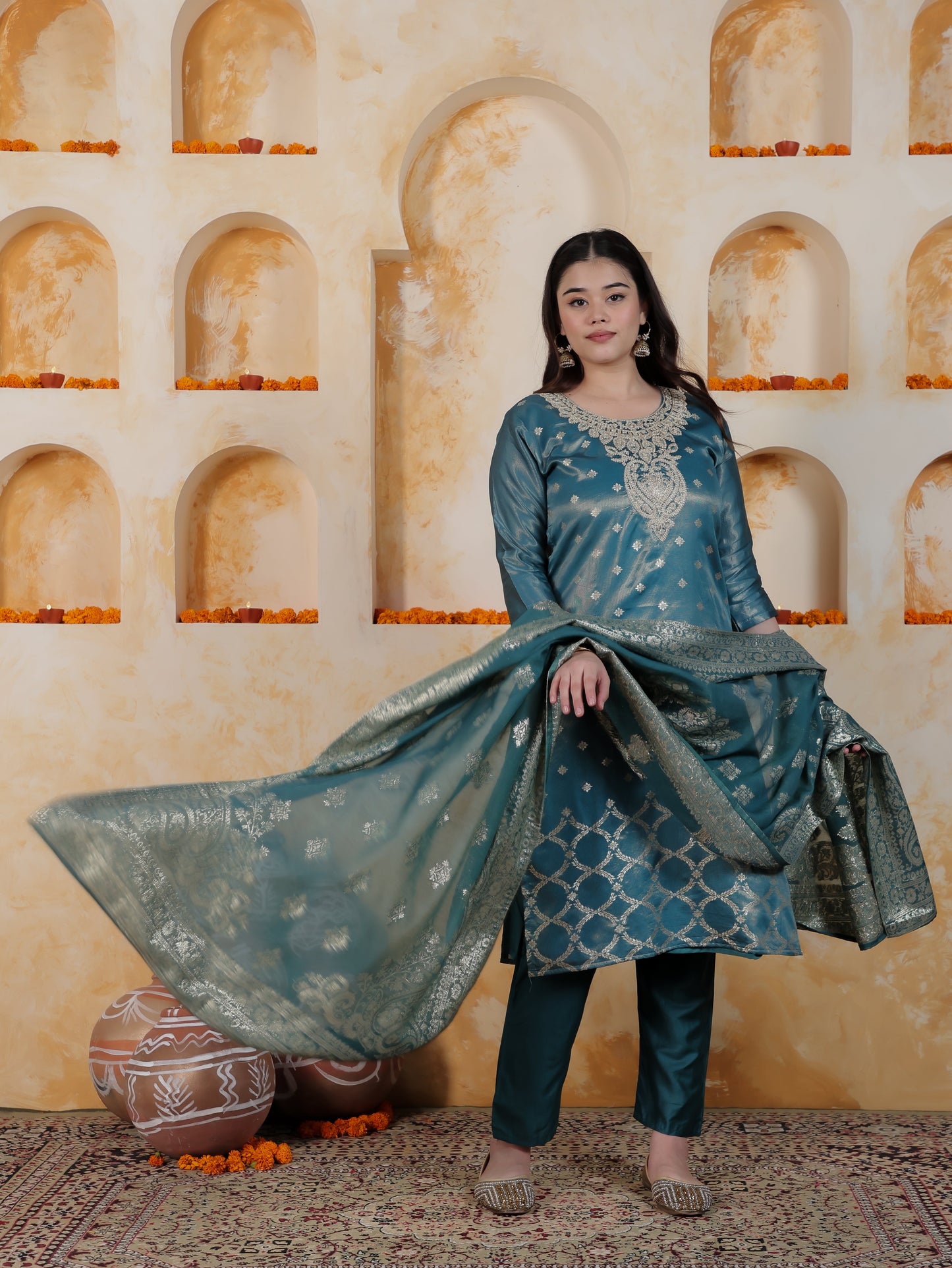 Zari Teal Viscose Jacquard Straight Kurta
