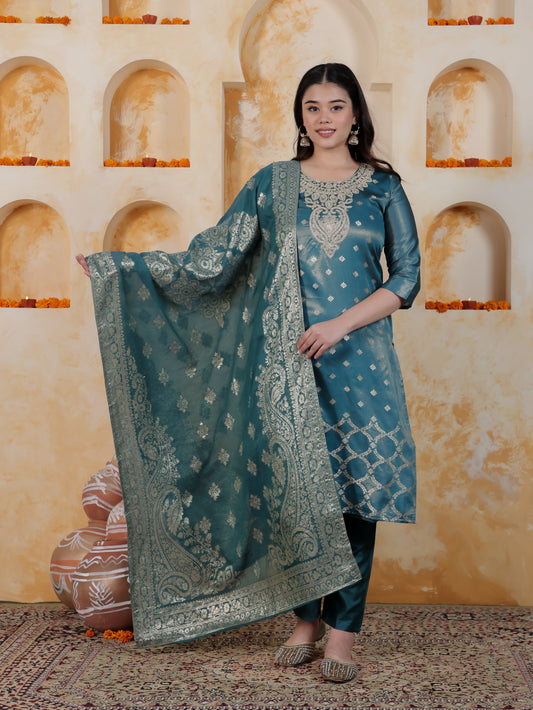 Zari Teal Viscose Jacquard Straight Kurta