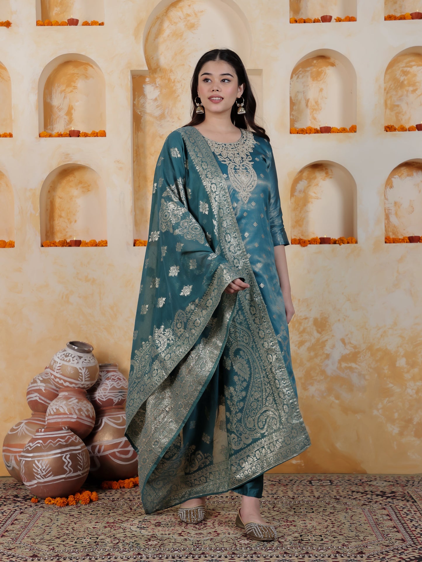Zari Teal Viscose Jacquard Straight Kurta