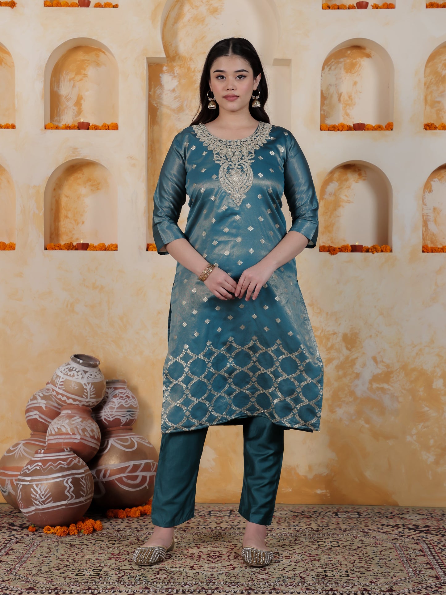 Zari Teal Viscose Jacquard Straight Kurta