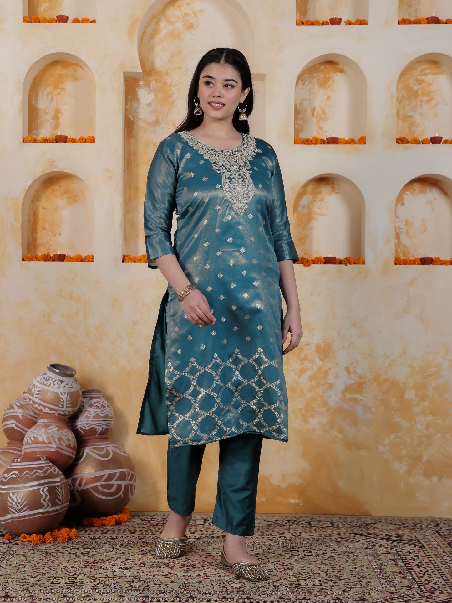 Zari Teal Viscose Jacquard Straight Kurta