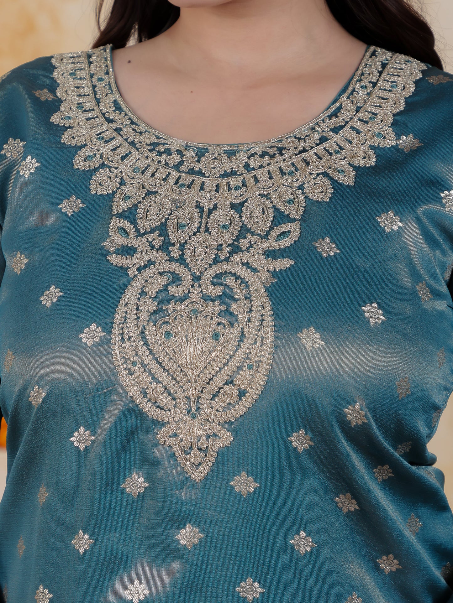 Zari Teal Viscose Jacquard Straight Kurta
