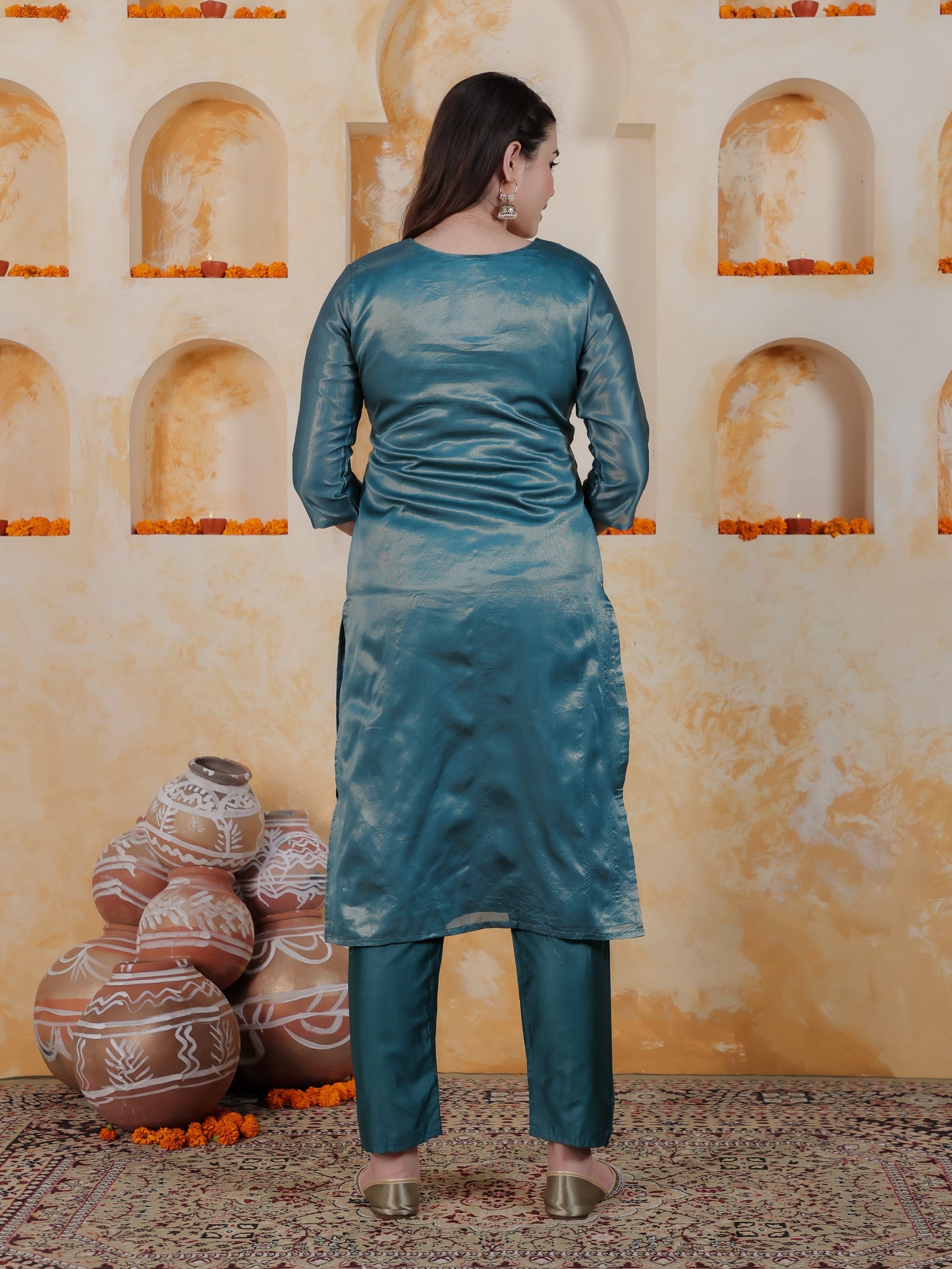 Zari Teal Viscose Jacquard Straight Kurta
