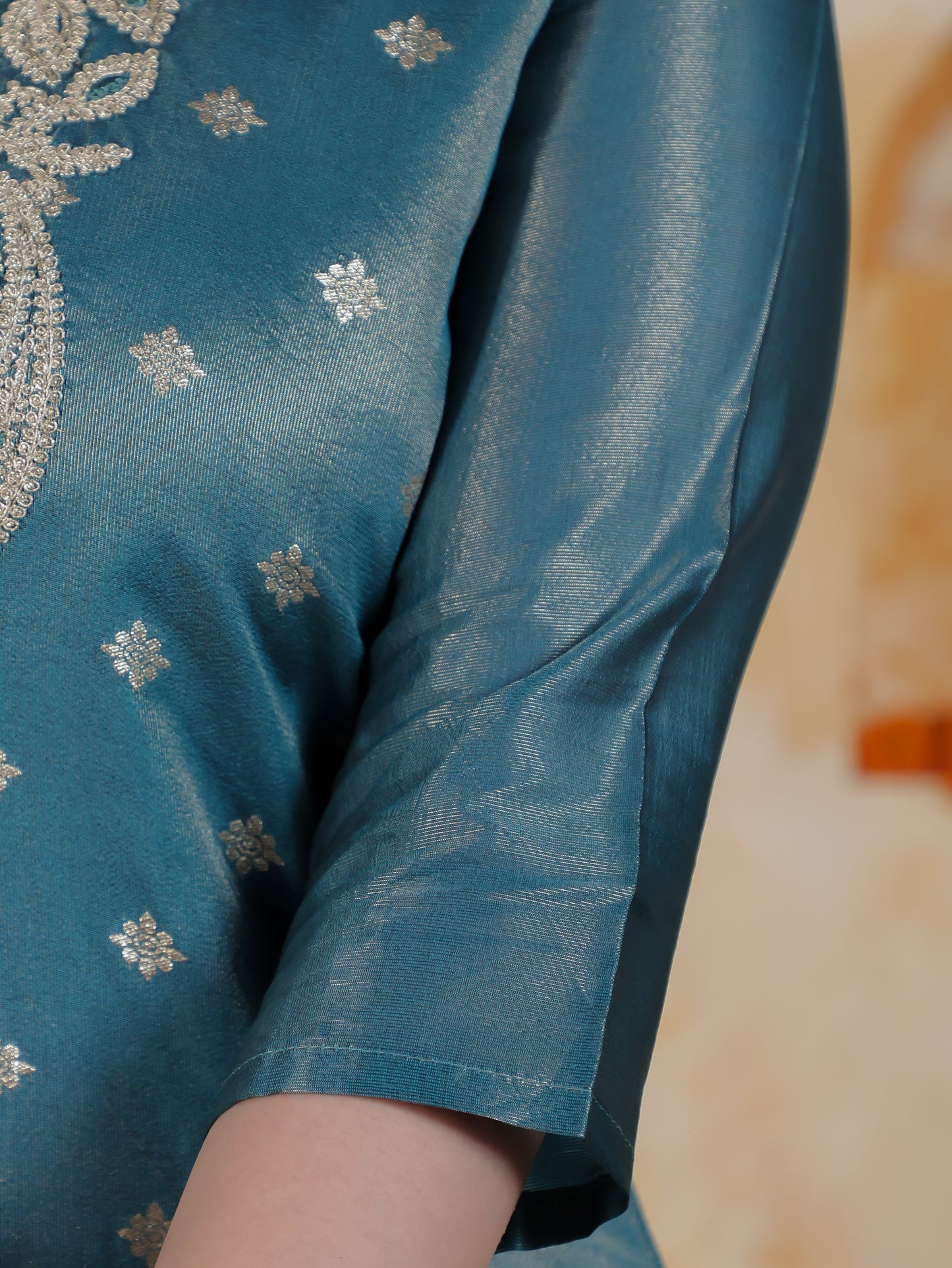Zari Teal Viscose Jacquard Straight Kurta