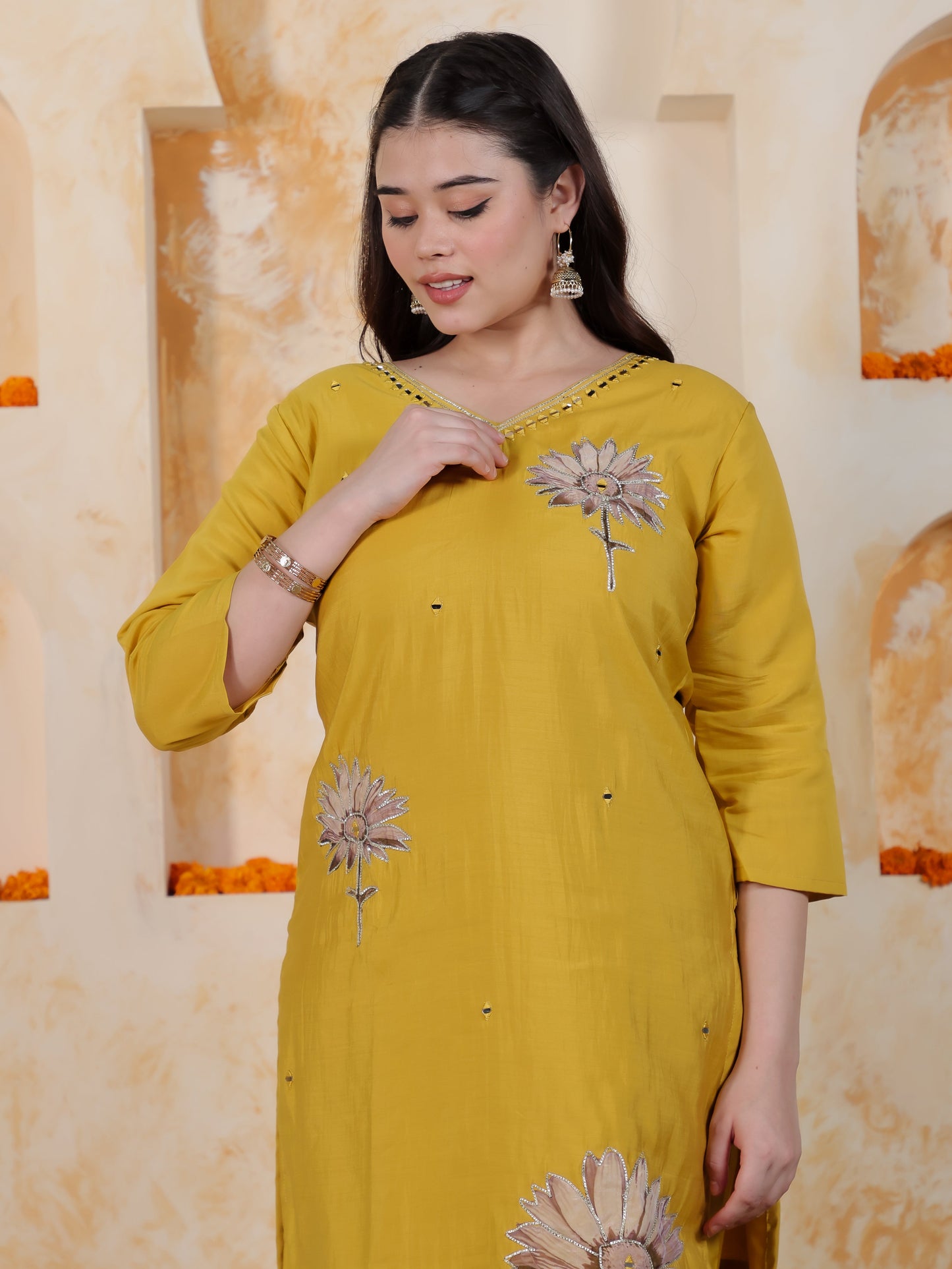 Mirror Work Mustard Placement Print Roman silk Straight Kurta
