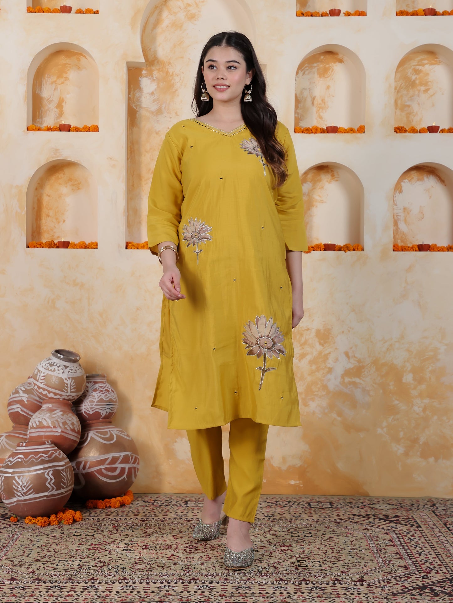 Mirror Work Mustard Placement Print Roman silk Straight Kurta
