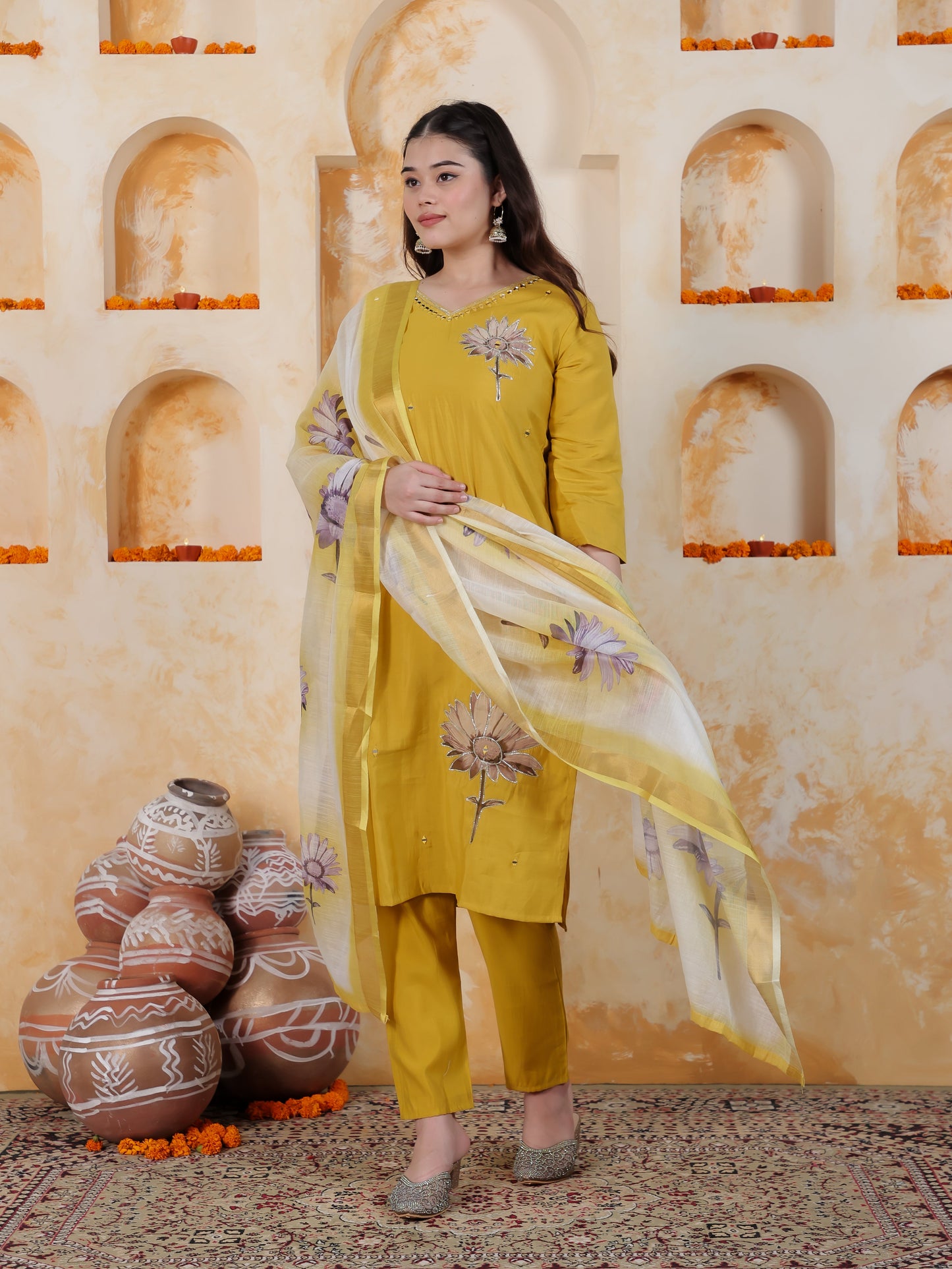 Mirror Work Mustard Placement Print Roman silk Straight Kurta