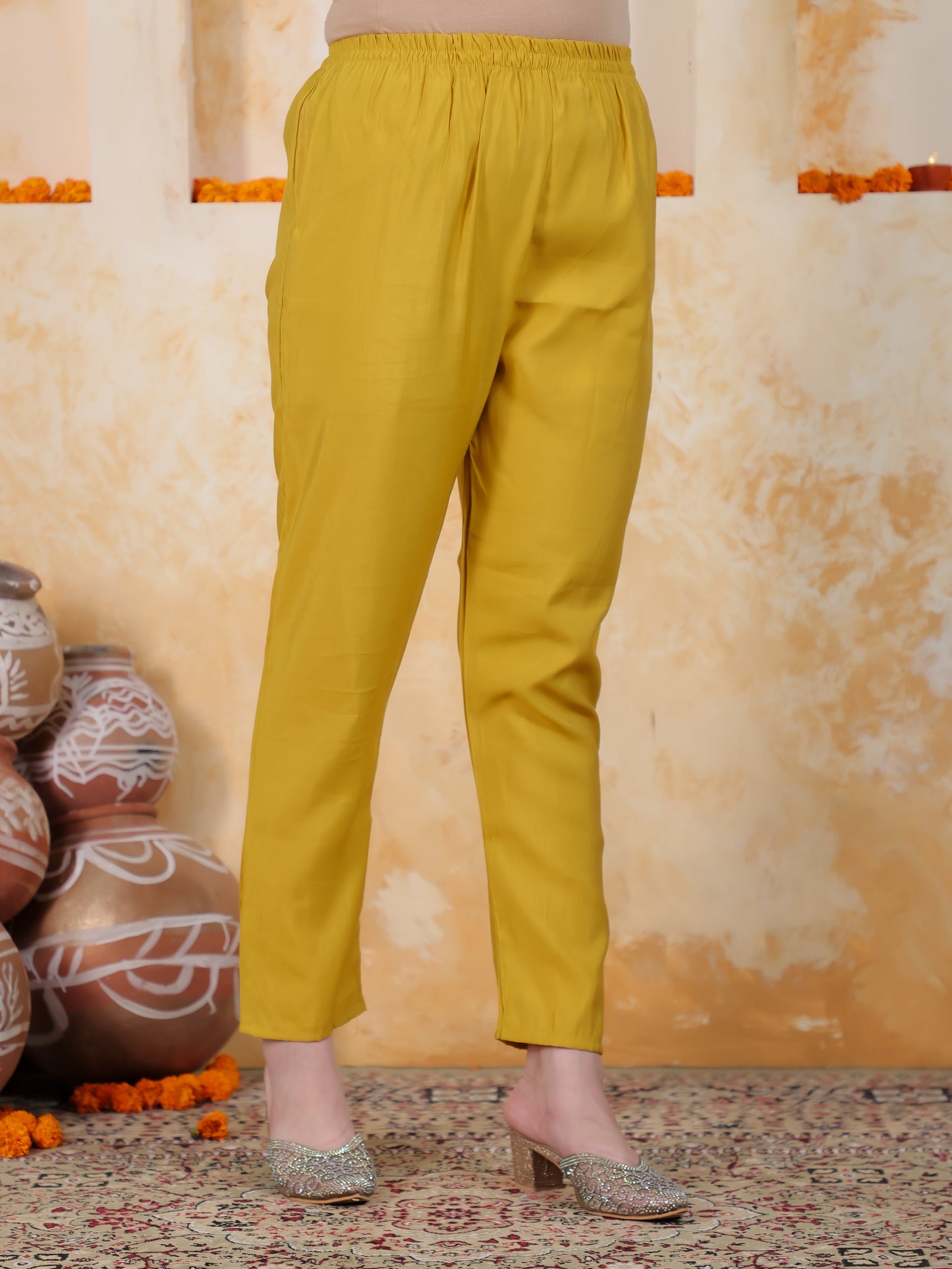 Mirror Work Mustard Placement Print Roman silk Straight Kurta