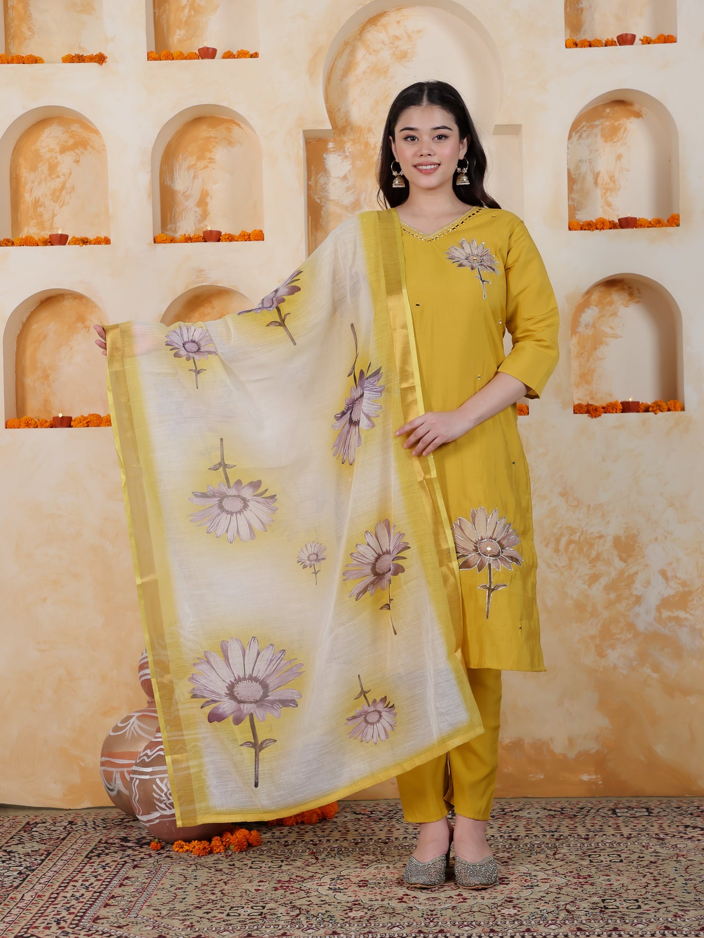 Mirror Work Mustard Placement Print Roman silk Straight Kurta