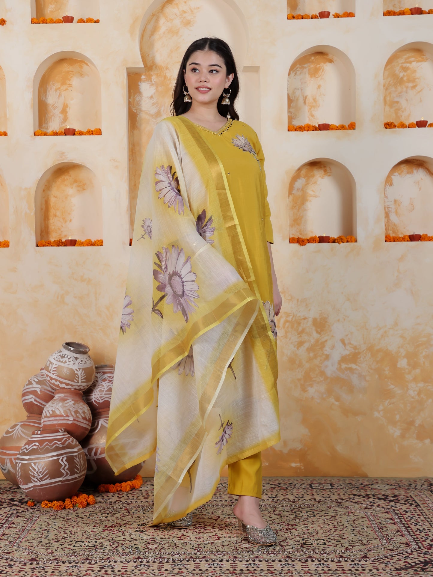 Mirror Work Mustard Placement Print Roman silk Straight Kurta