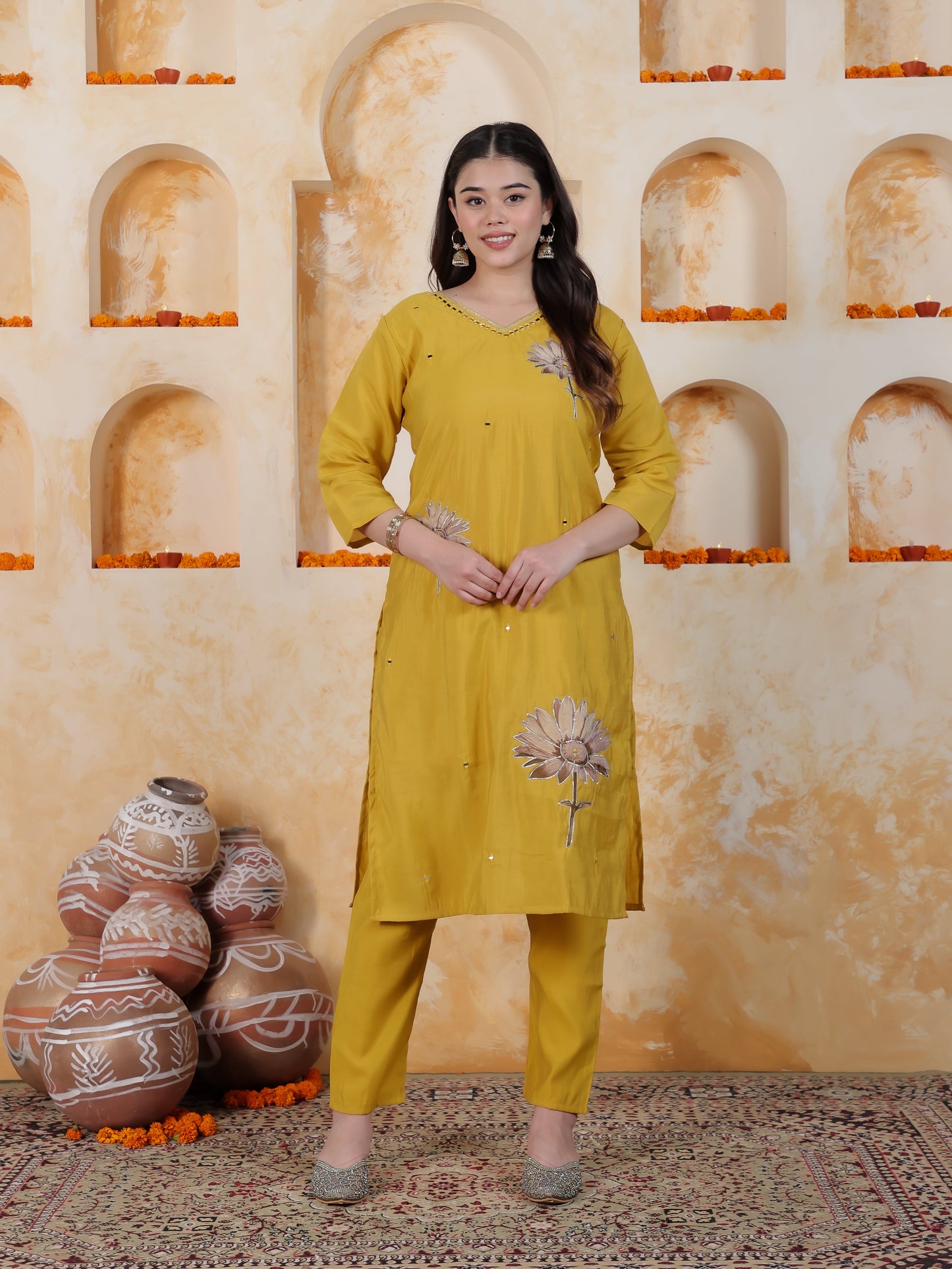 Mirror Work Mustard Placement Print Roman silk Straight Kurta