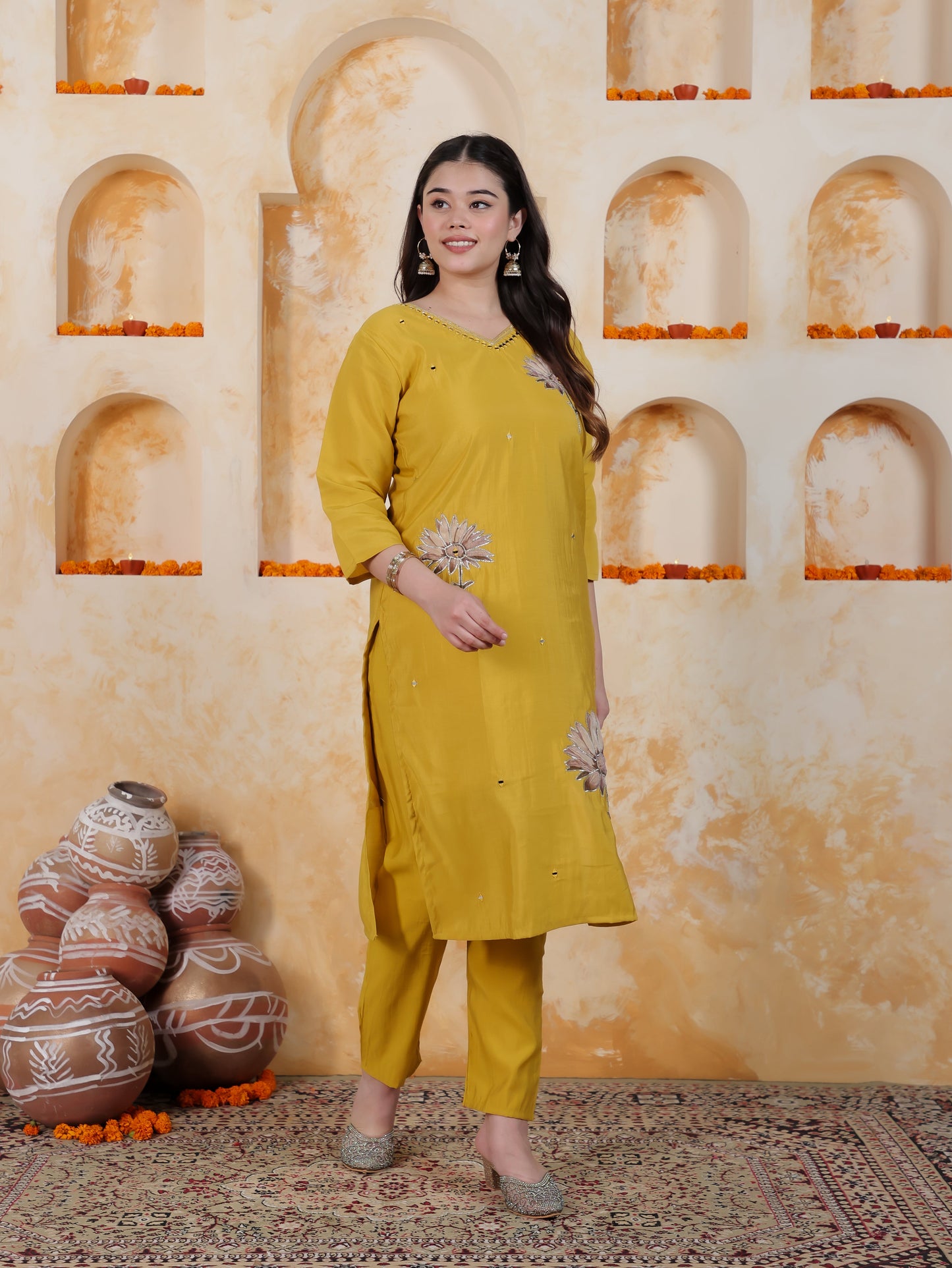 Mirror Work Mustard Placement Print Roman silk Straight Kurta