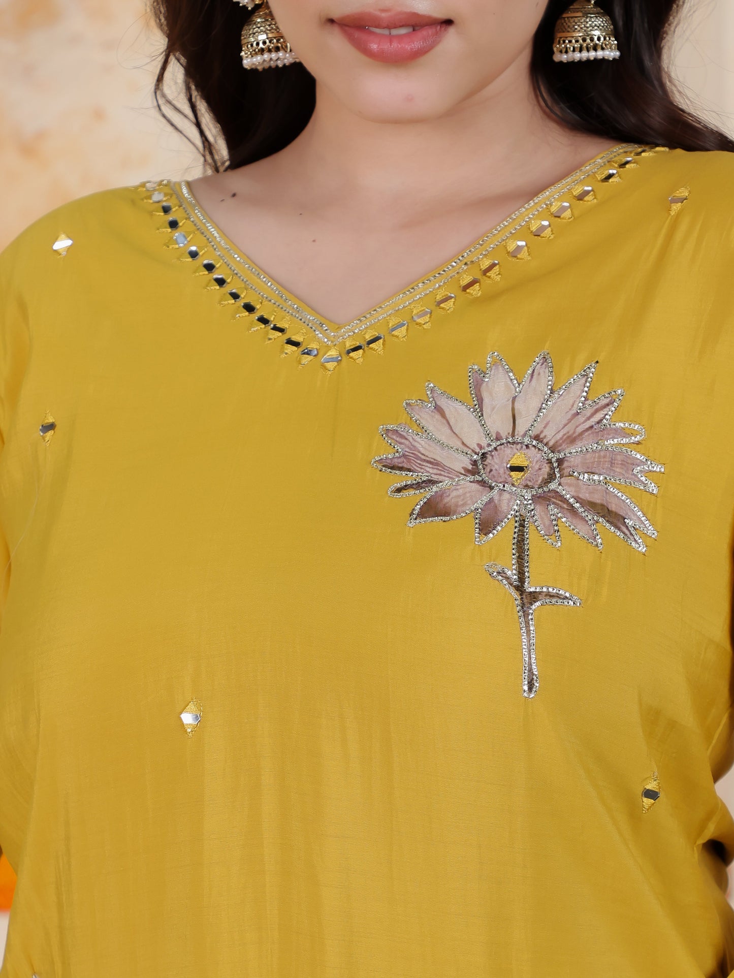 Mirror Work Mustard Placement Print Roman silk Straight Kurta