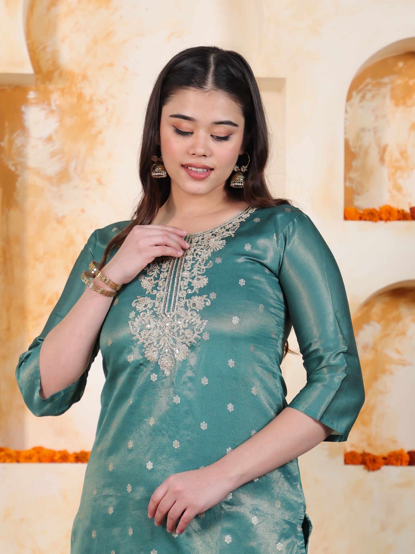 Zari Sea Green Viscose Jacquard Straight Kurta