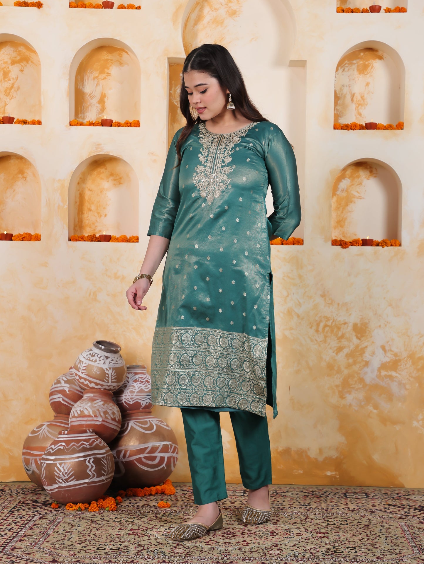 Zari Sea Green Viscose Jacquard Straight Kurta