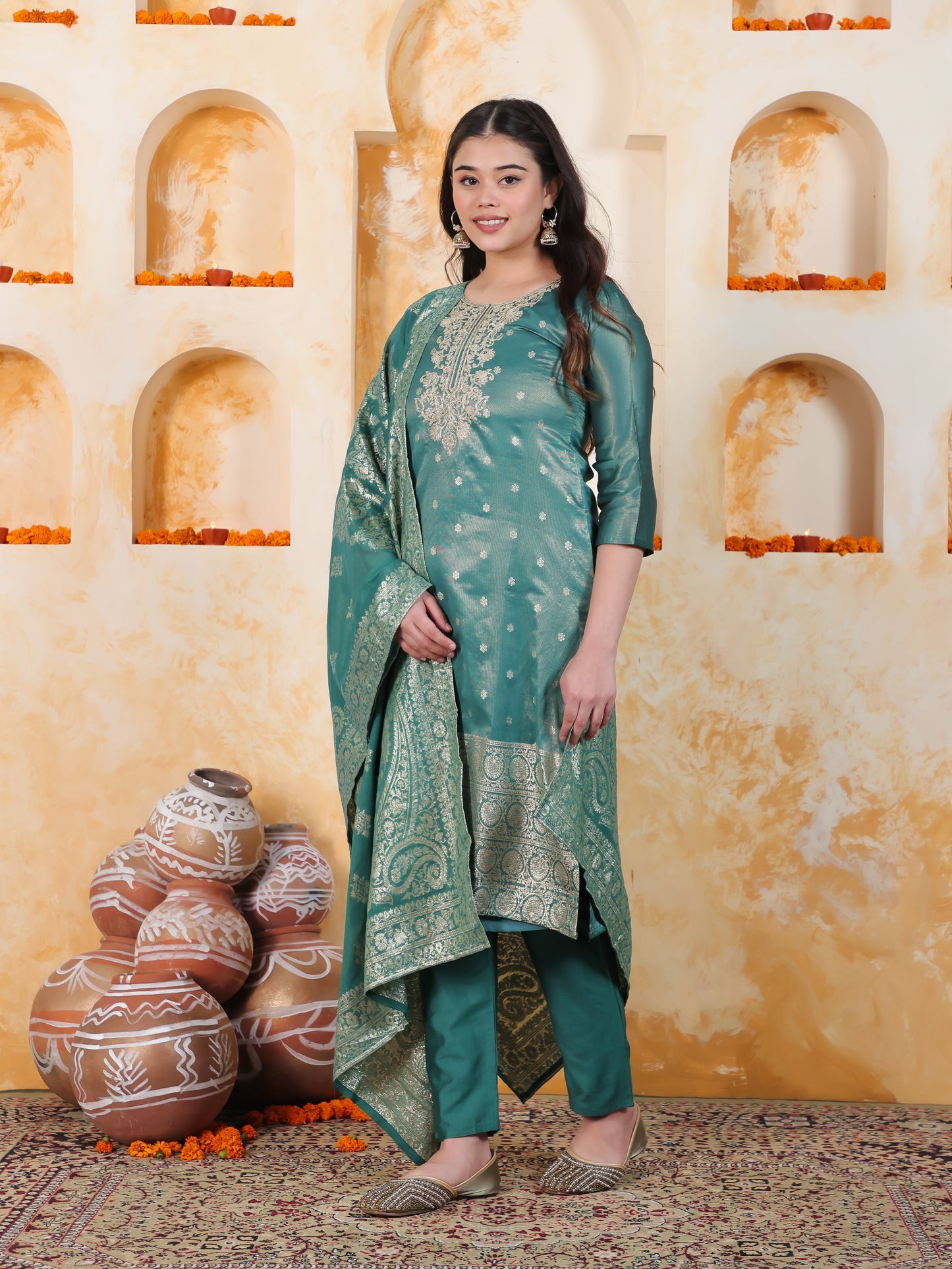 Zari Sea Green Viscose Jacquard Straight Kurta