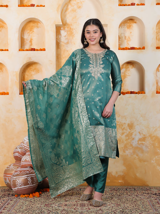 Zari Sea Green Viscose Jacquard Straight Kurta